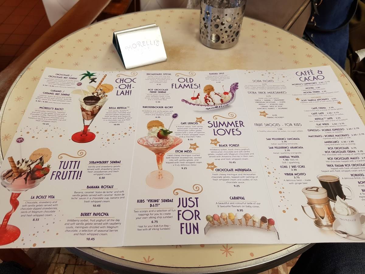Menu at Morelli's Gelato cafe, Broadstairs