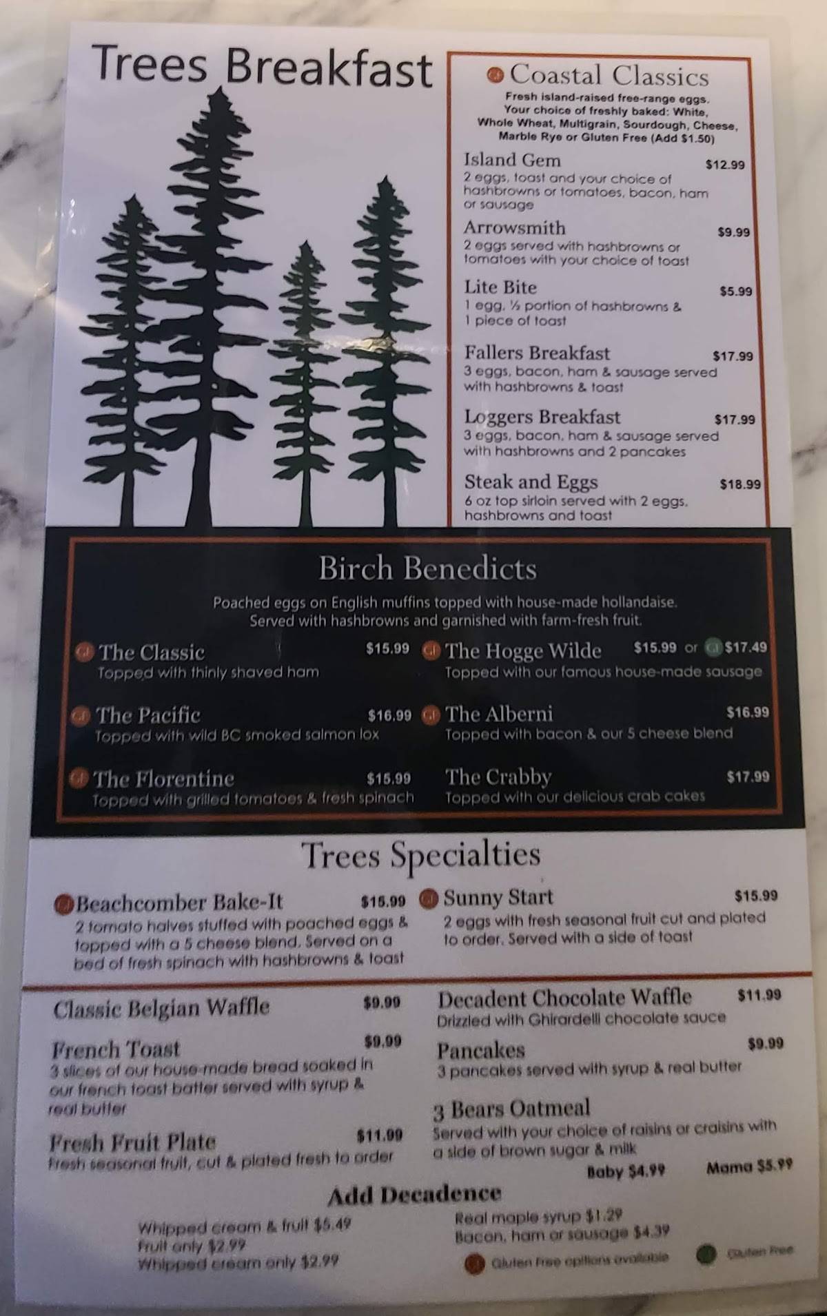 Menu at Trees Restaurant & Bakery, Parksville