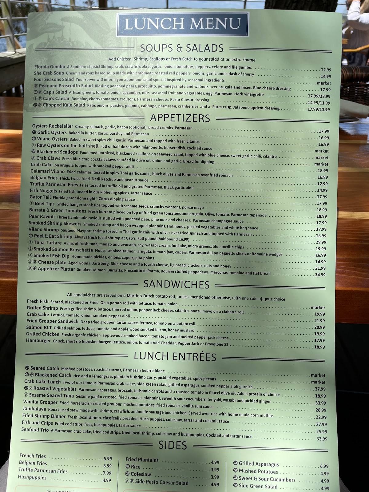 Menu at Cap's On the Water restaurant, Vilano Beach, Myrtle St