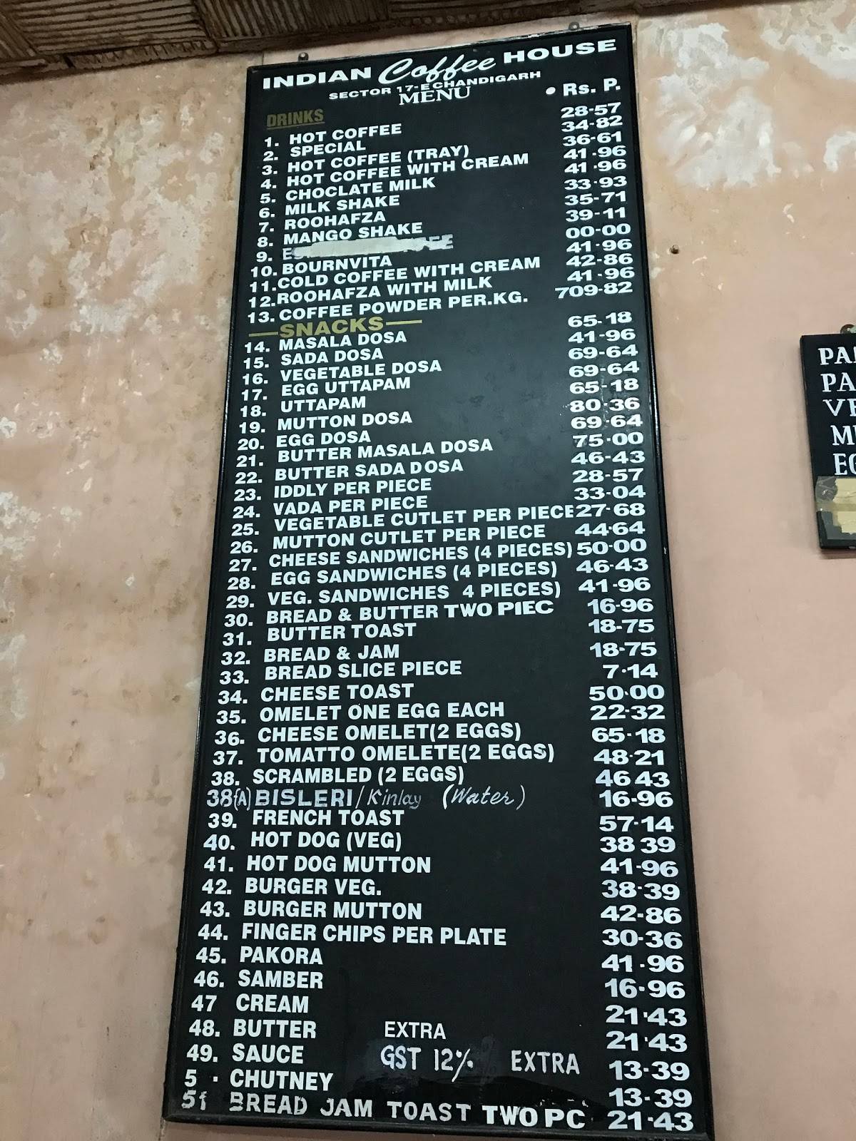 Menu at Indian Coffee House, Chandigarh, SCO 12