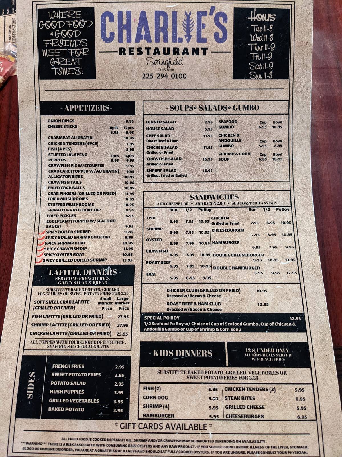 Menu at Charlie's Restaurant, Springfield, LA22