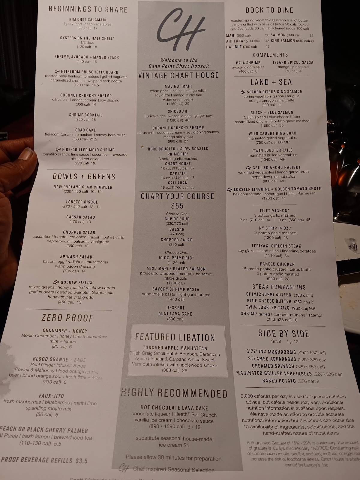 Menu at Chart House steakhouse, Dana Point