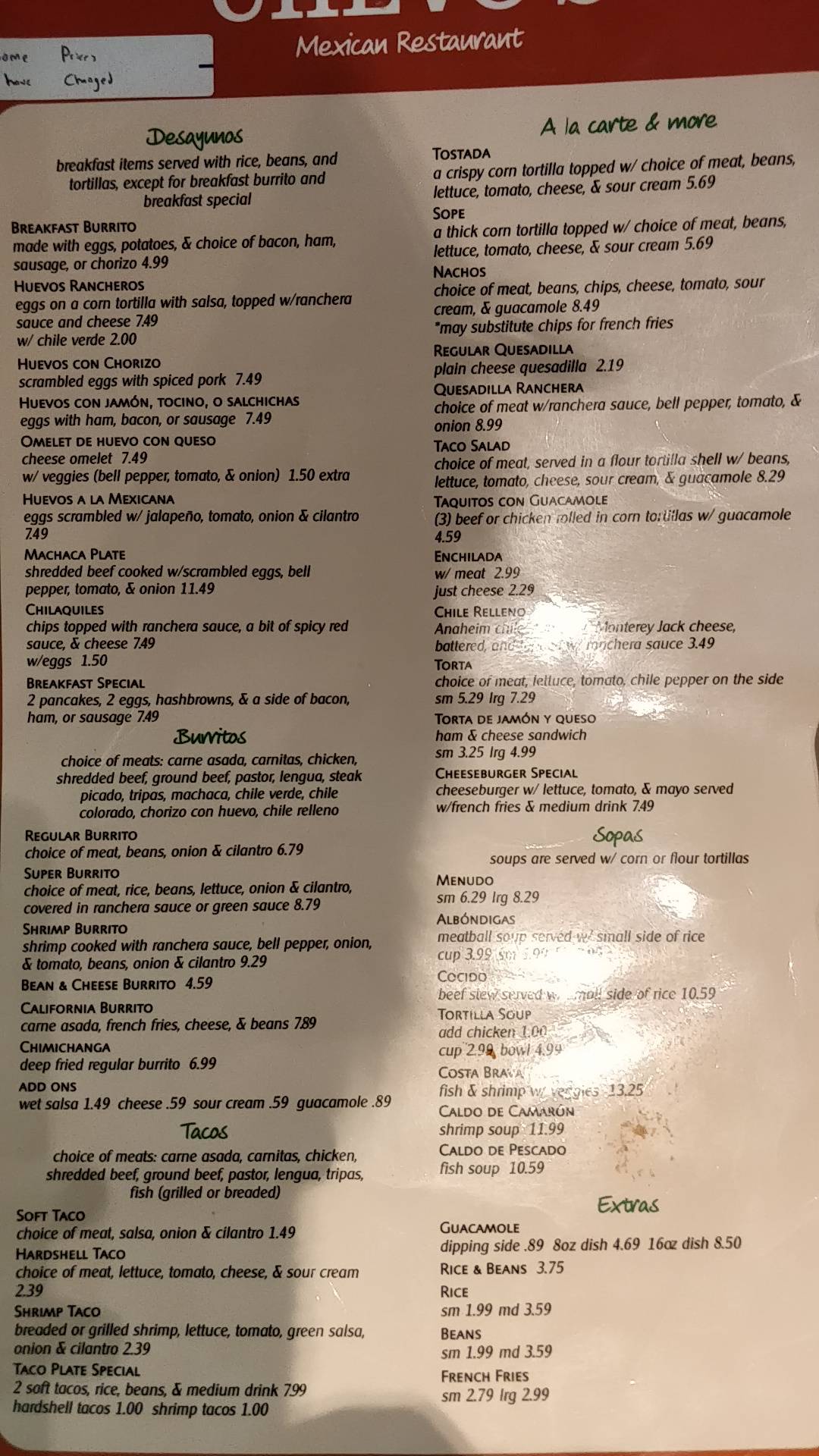 Menu at Chevo's Mexican Restaurant Inc, Apple Valley