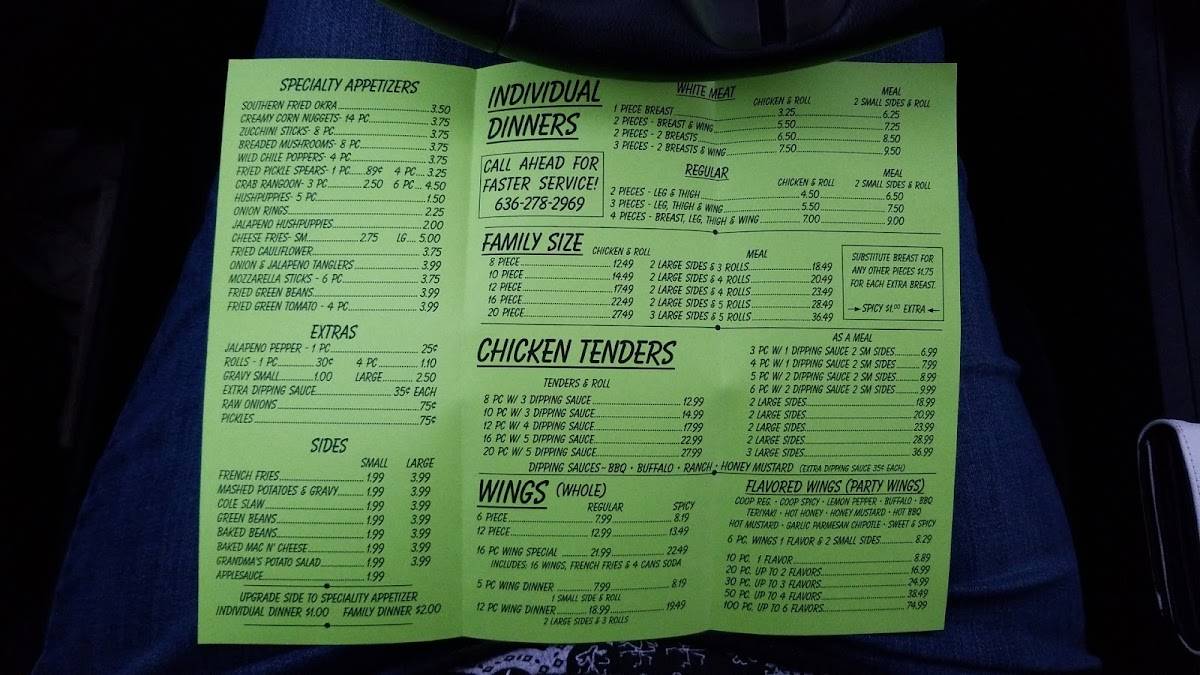 Menu at Chicken Coop fast food, St. Peters