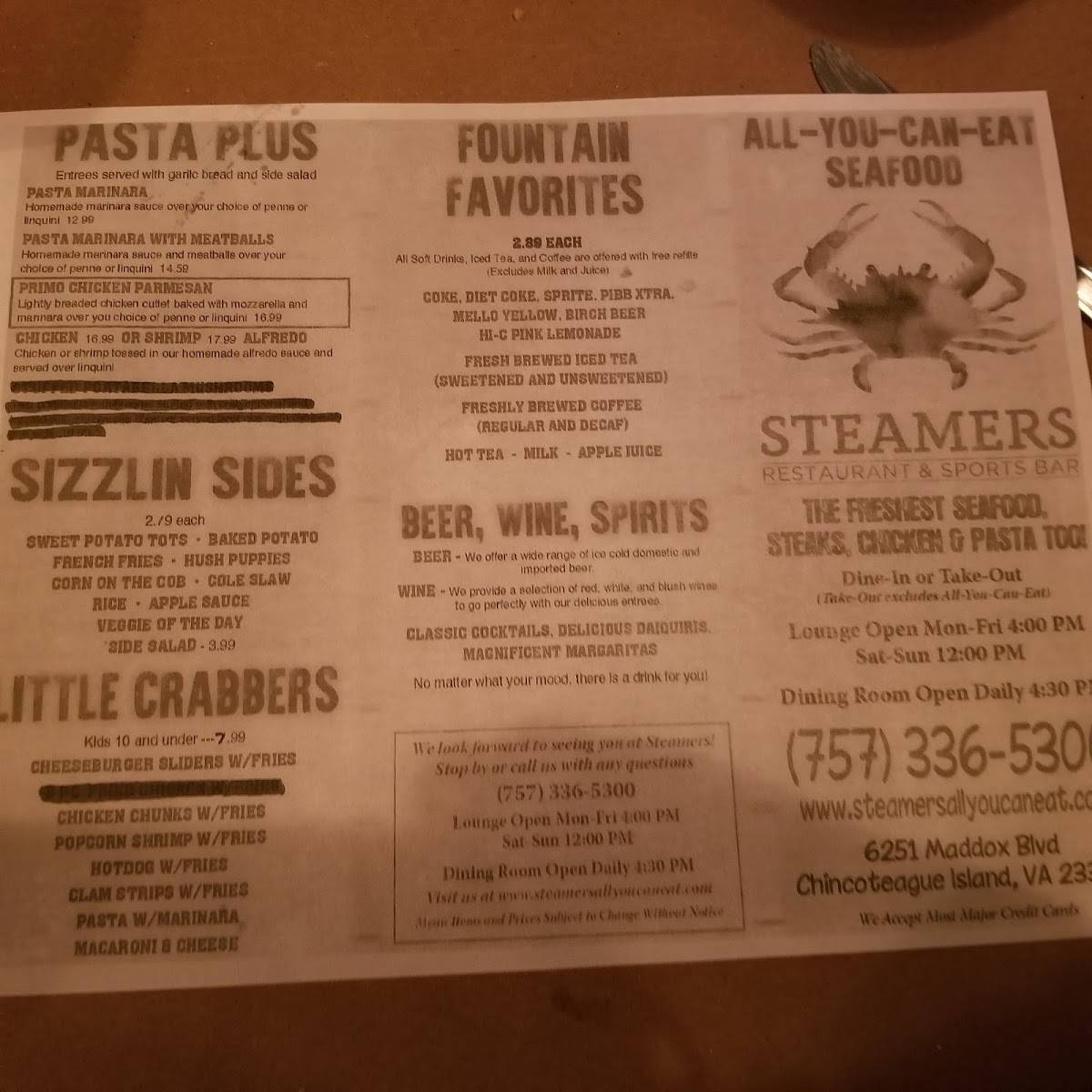 Menu at Steamers Restaurant & Sports Bar, Chincoteague Island
