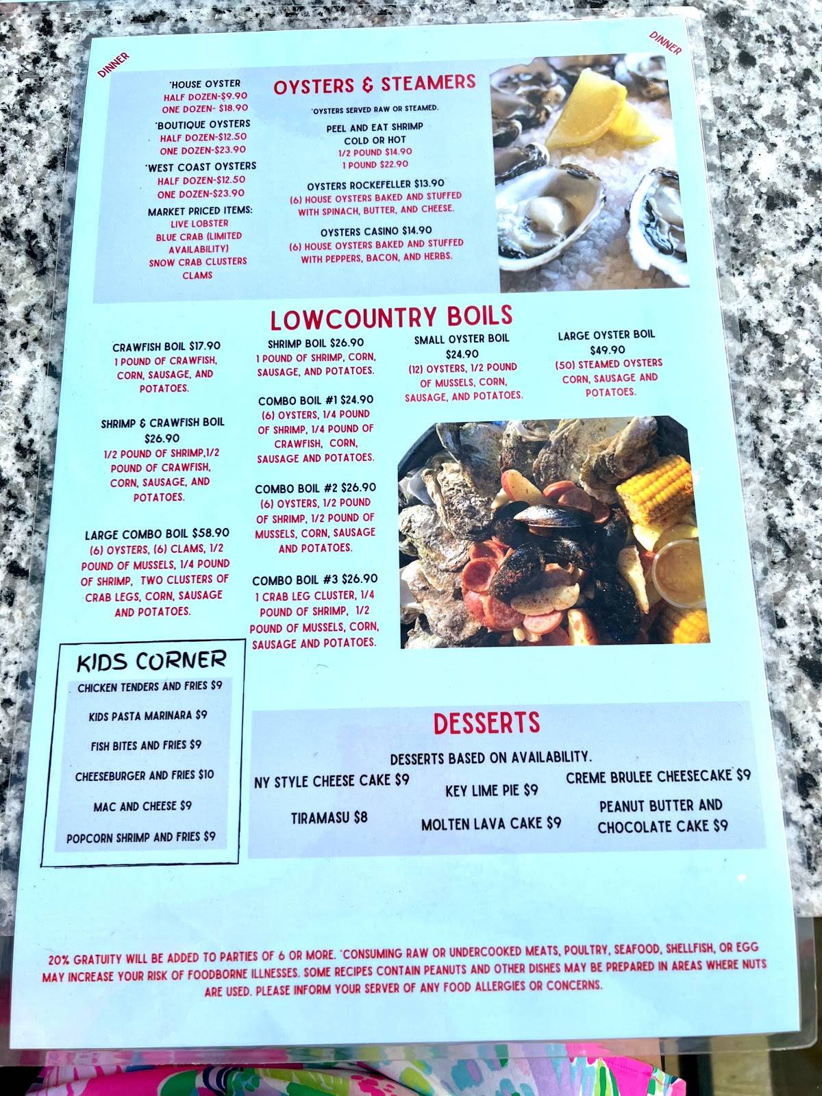 Menu at Clearwater Oyster Bar & Grill, Myrtle Beach