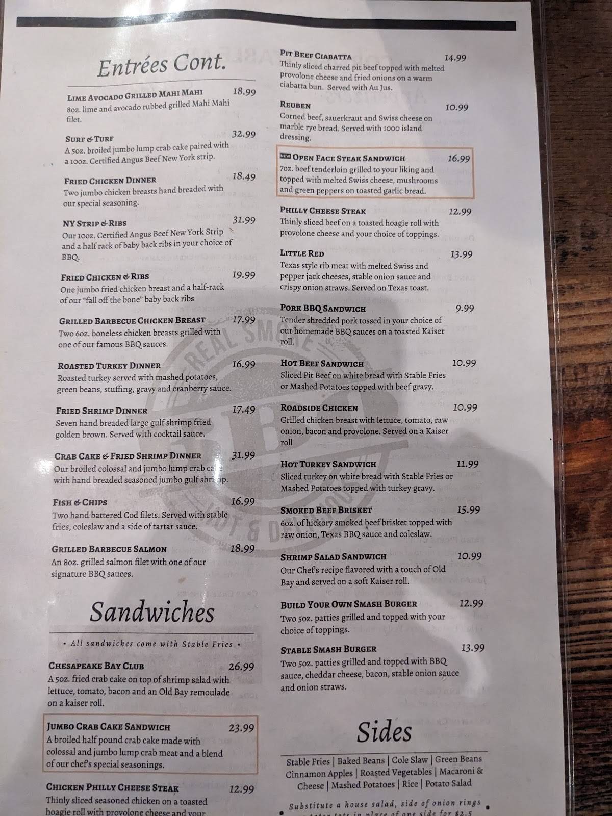 Menu at The Corner Stable restaurant, Cockeysville