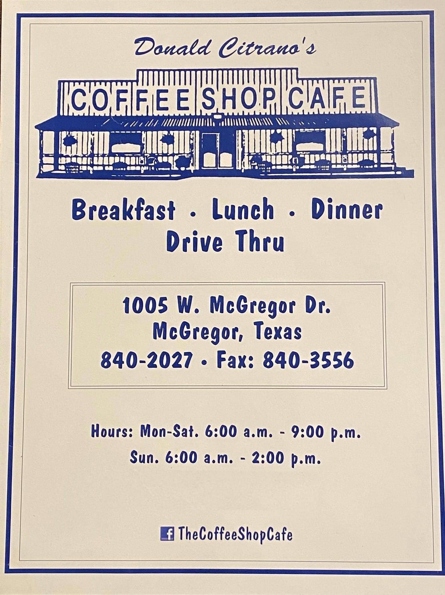 Menu at Coffee Shop Cafe, McGregor