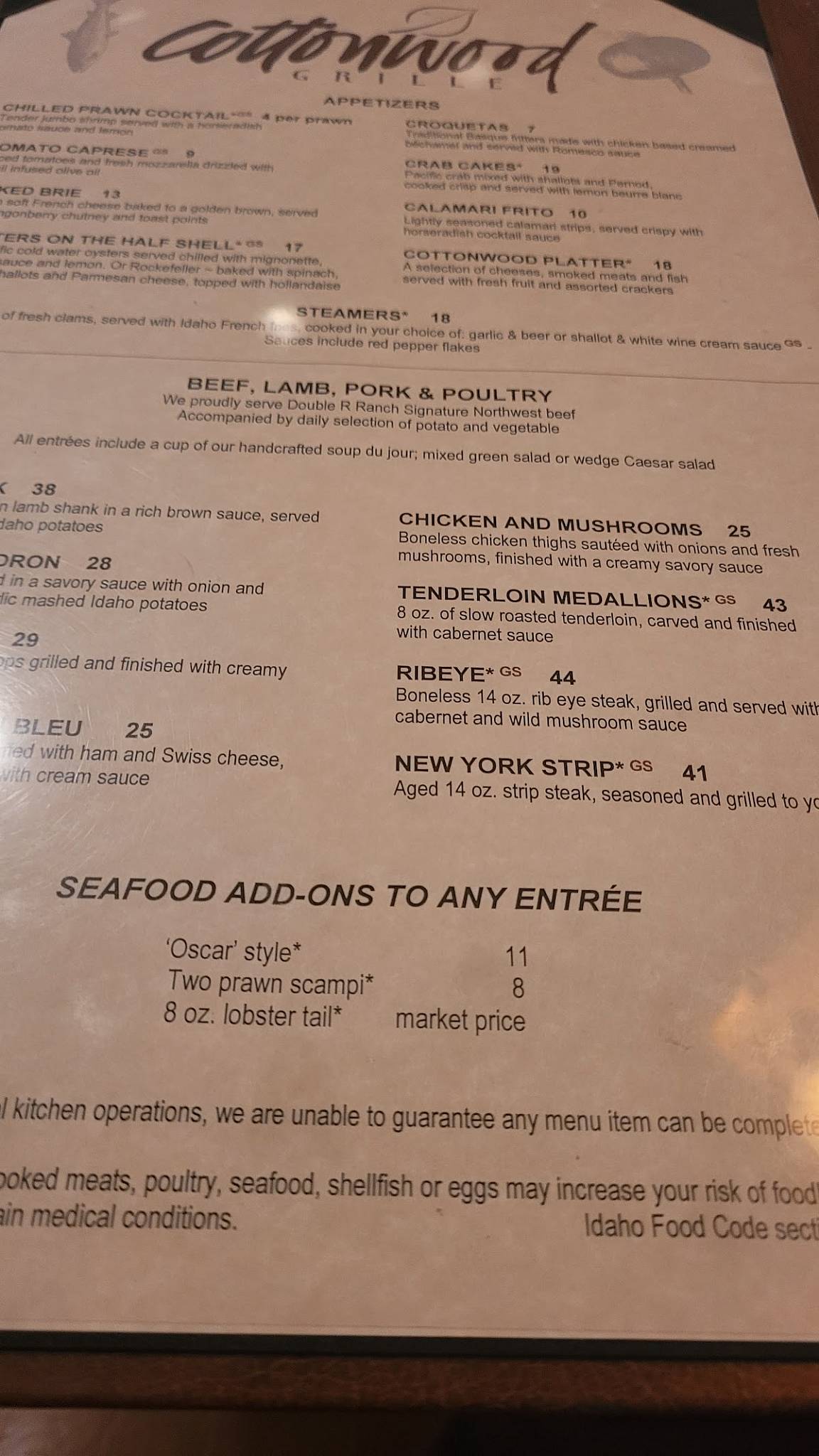 Menu at Cottonwood Grille pub & bar, Boise