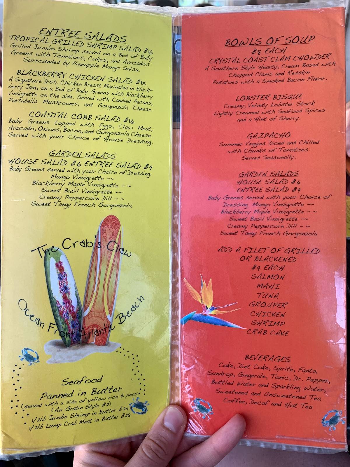 Menu at Crab's Claw Oceanfront Caribbean Seafood Restaurant, Atlantic Beach