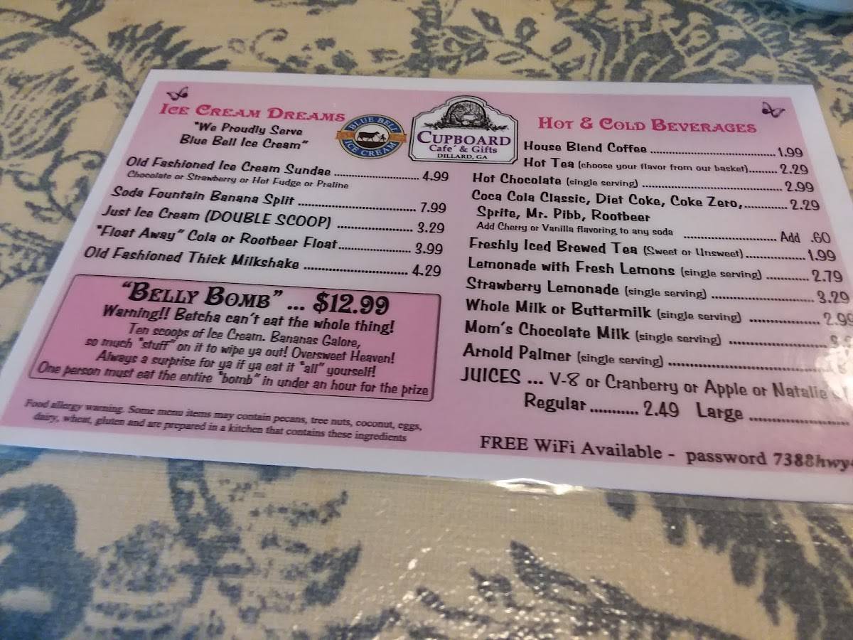 Menu at Cupboard Cafe & Gifts, Dillard
