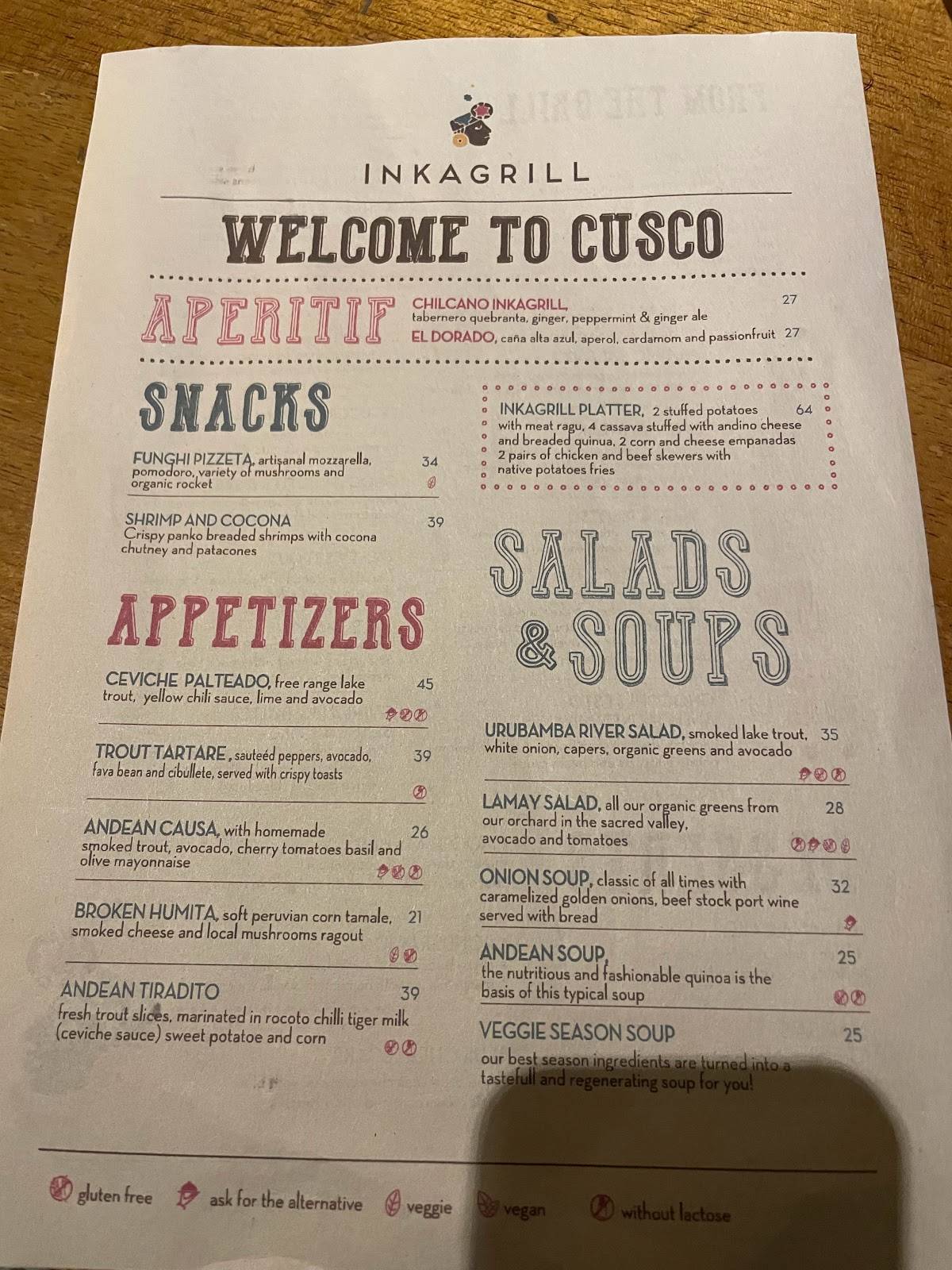 Menu at Inka Grill restaurant, Cusco