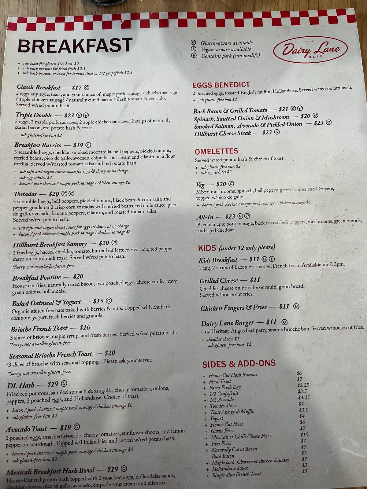 Menu at Dairy Lane Cafe, Calgary