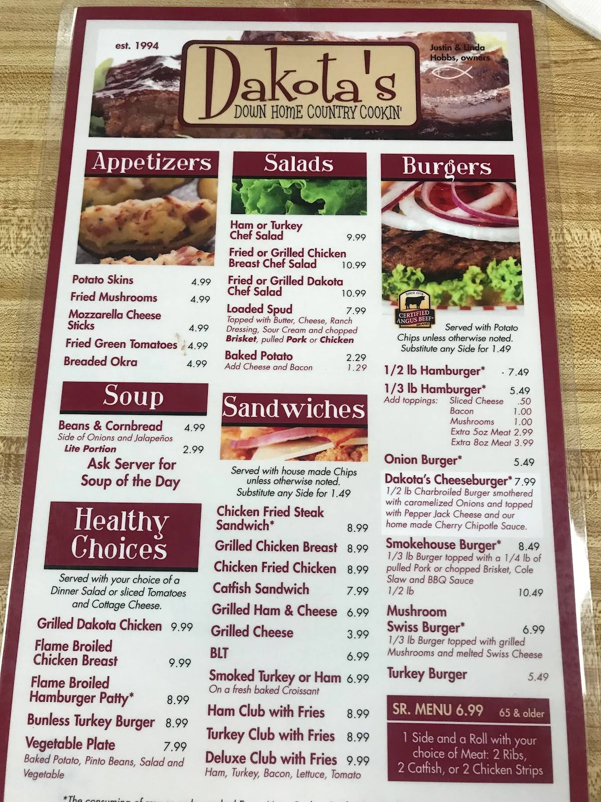 Menu at Dakotas restaurant, Blanchard