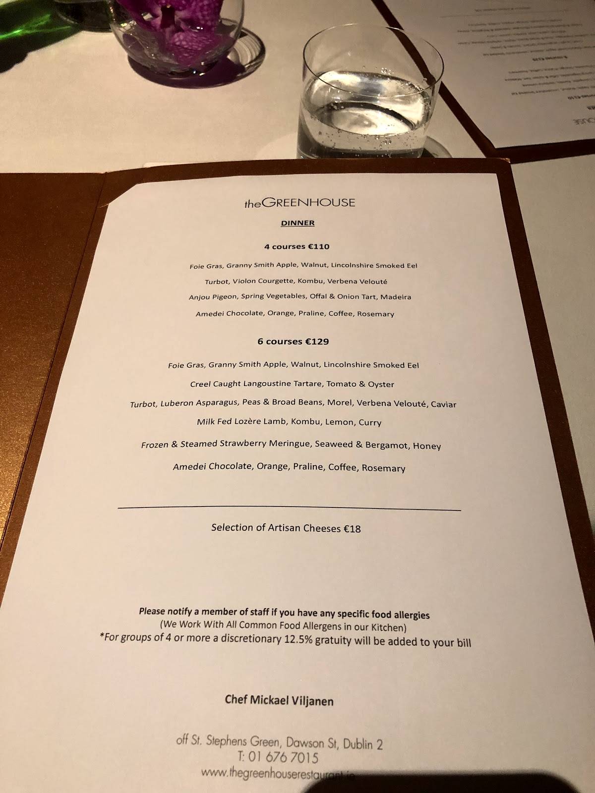 Menu at The Greenhouse restaurant, Dublin