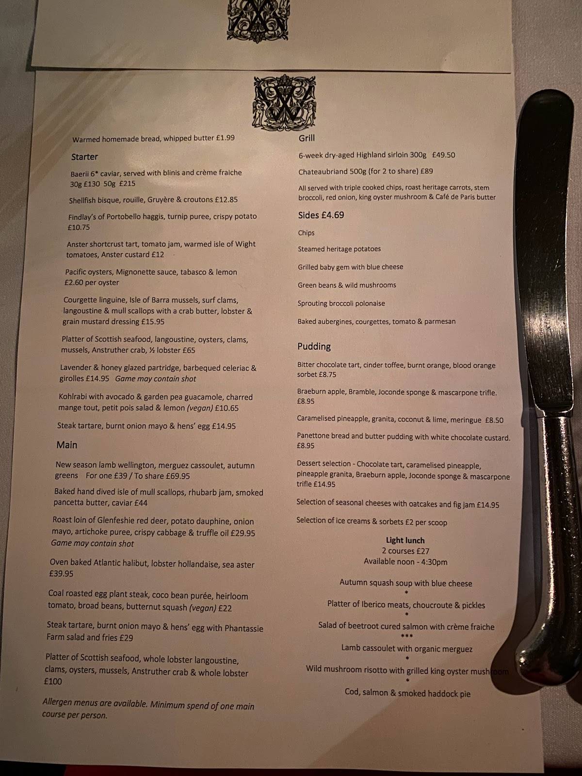 Menu at The Witchery by the Castle restaurant, Edinburgh