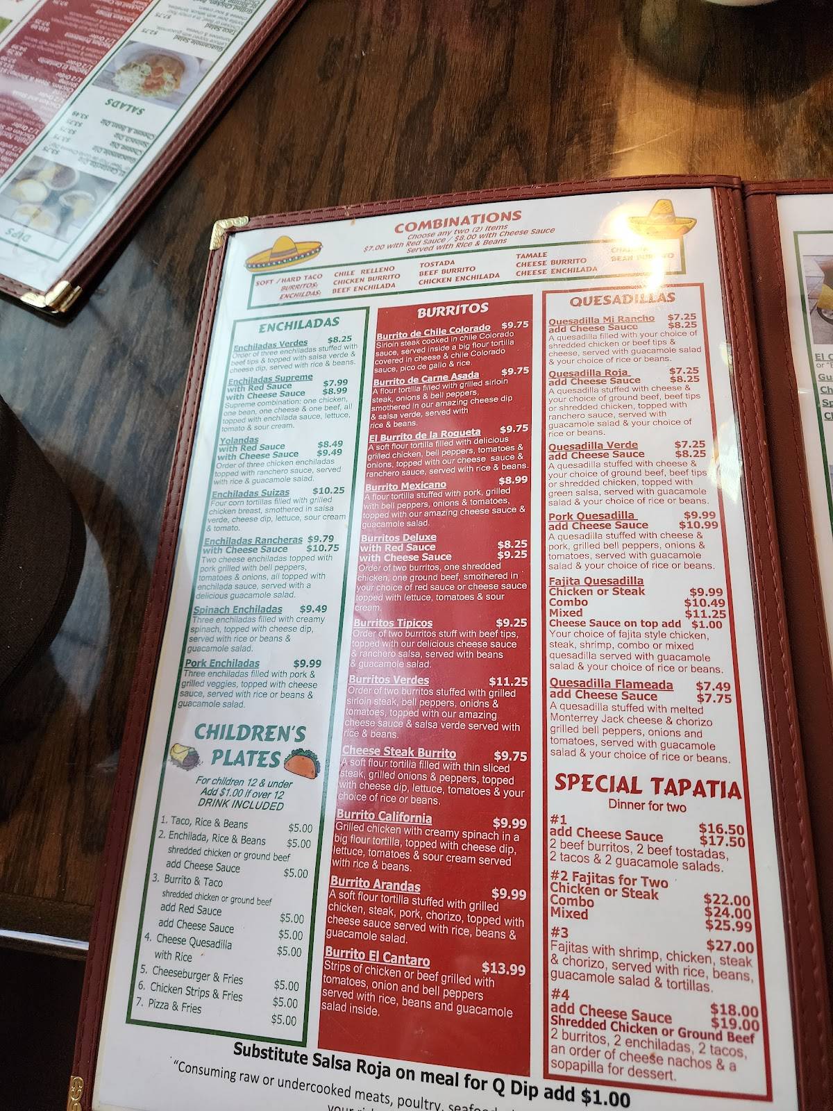 Menu at El Cantarito Mexican Restaurant, Harriman