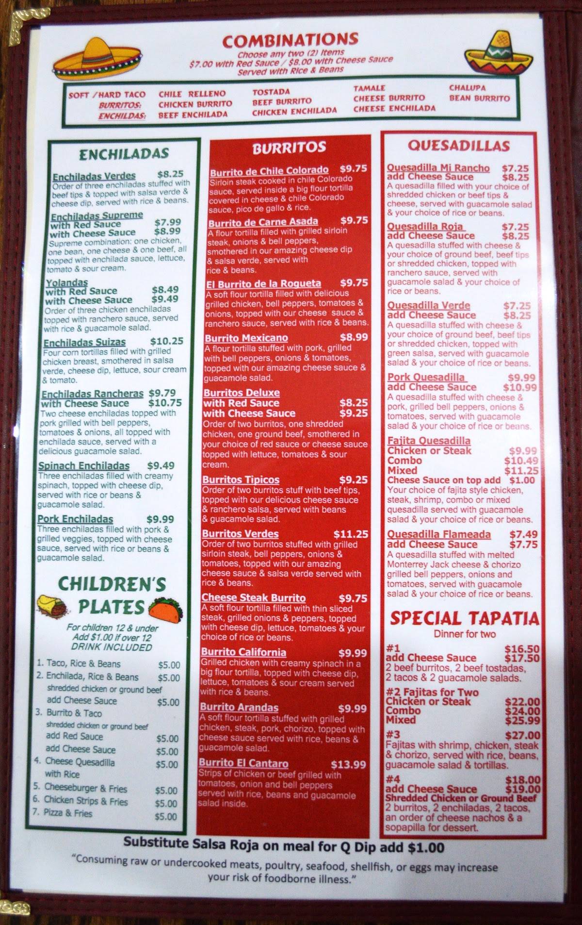 Menu at El Cantarito Mexican Restaurant, Harriman