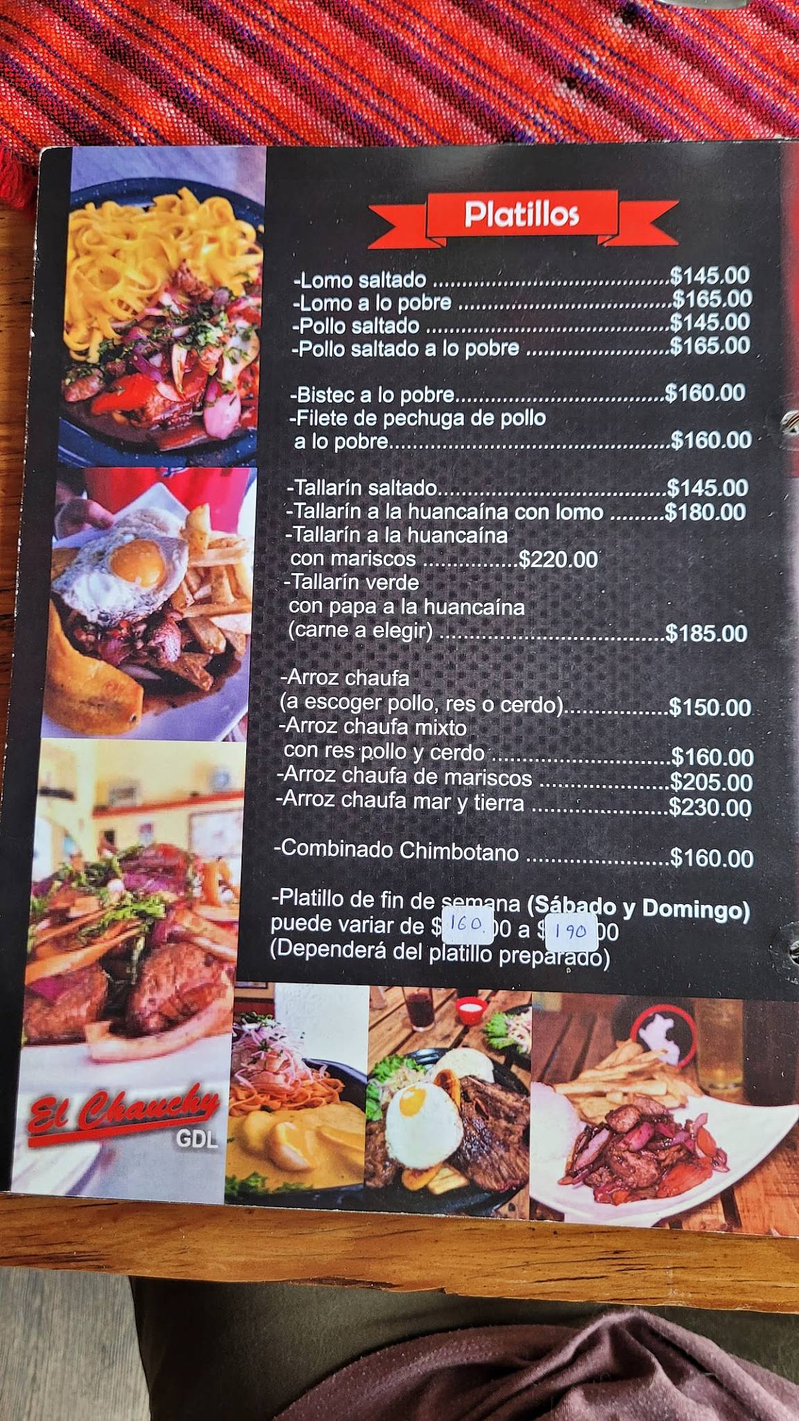 Carta del restaurante El Chauchy GDL comida peruana, Guadalajara
