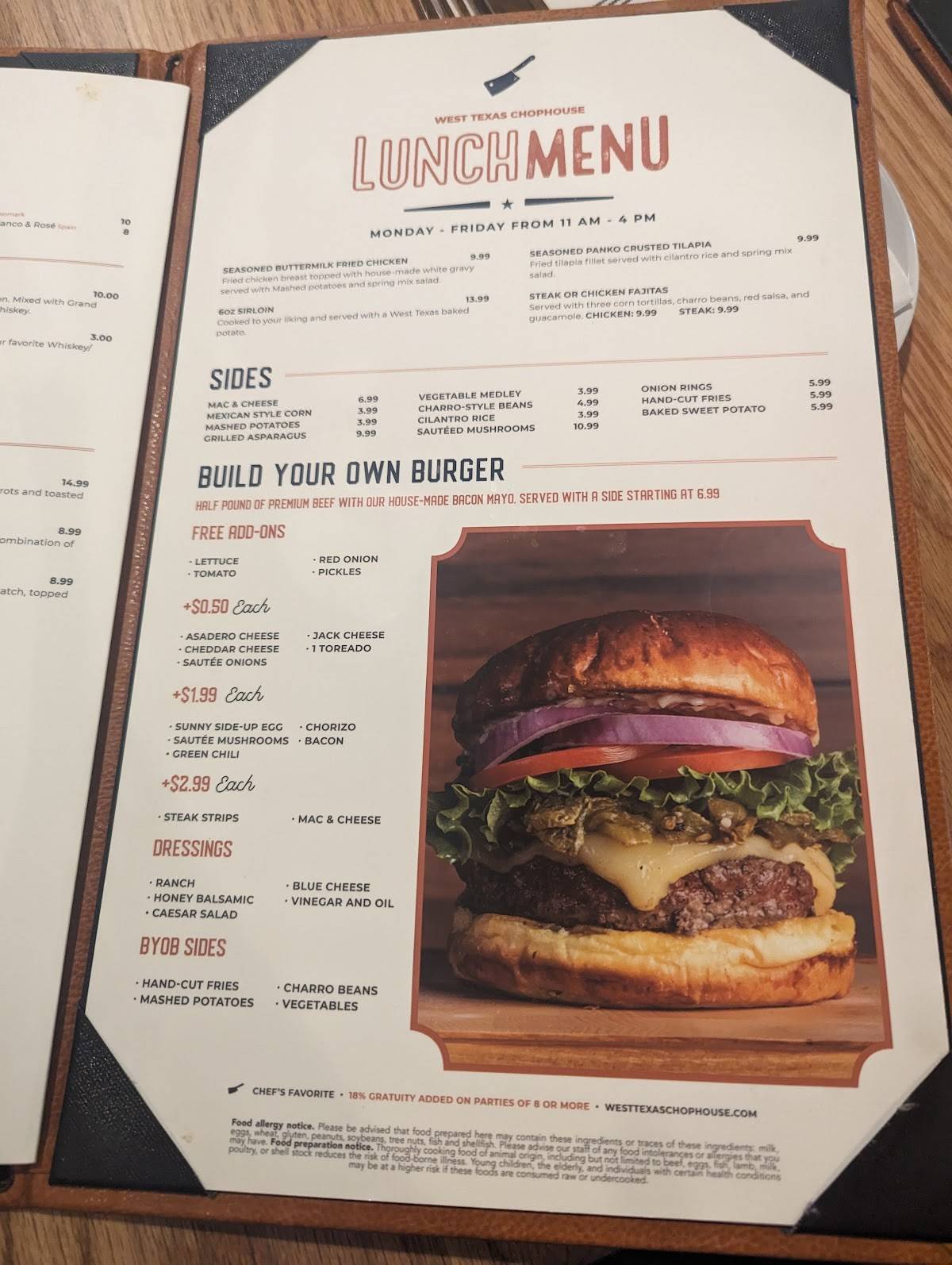 Menu at West Texas Chophouse steakhouse, El Paso