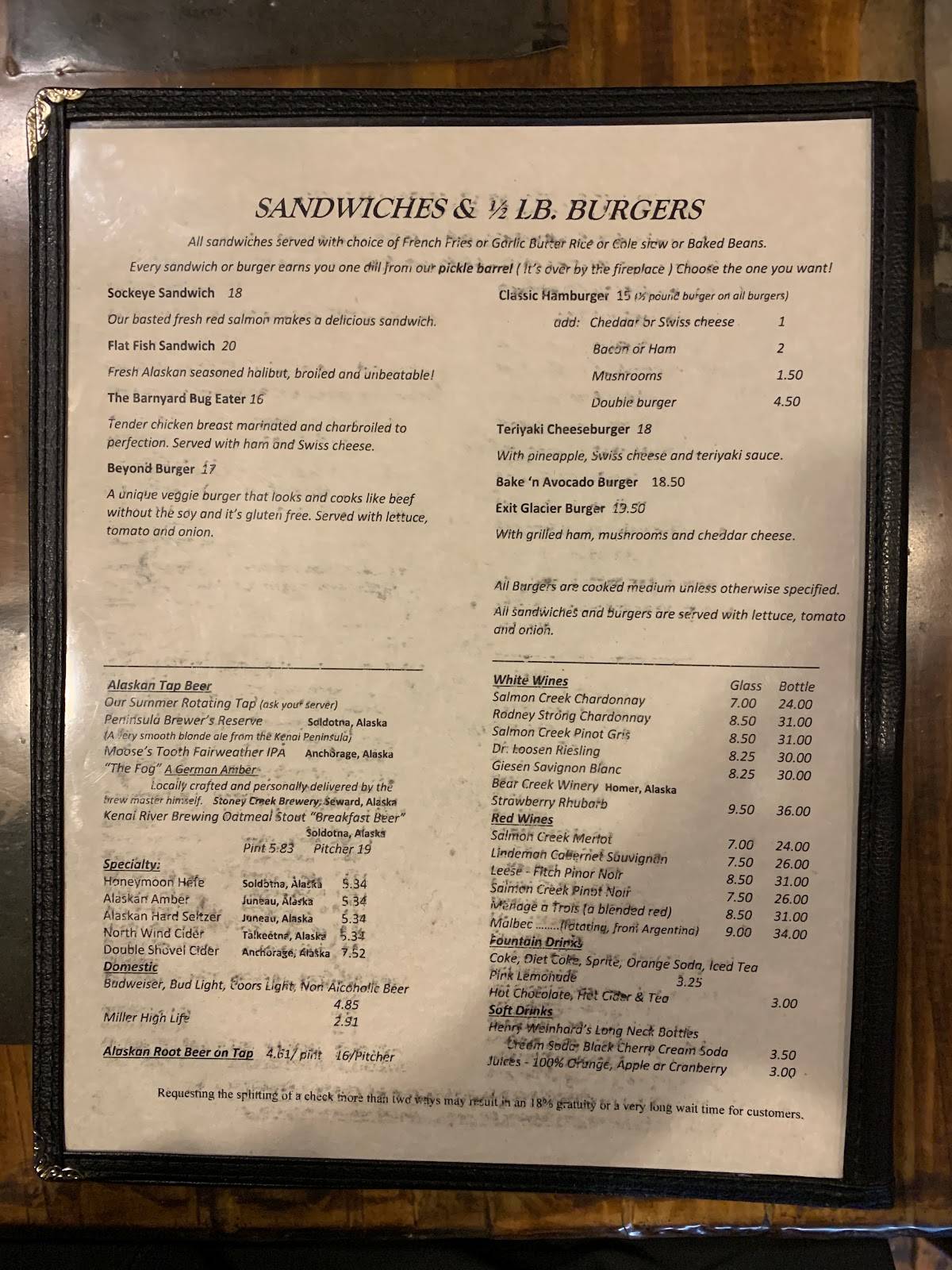 Menu at Exit Glacier Salmon Bake restaurant, Seward, Herman Leirer Rd
