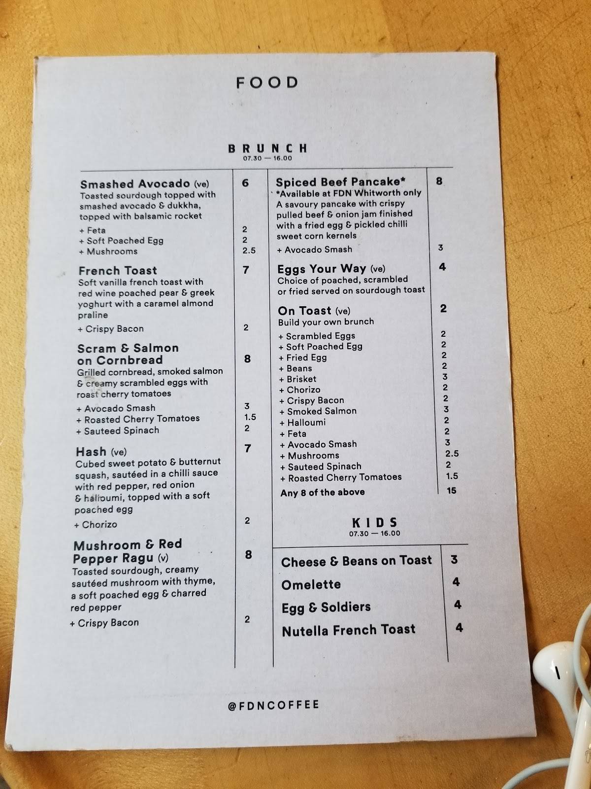 Menu at Foundation Coffee House, Manchester, Sevendale House