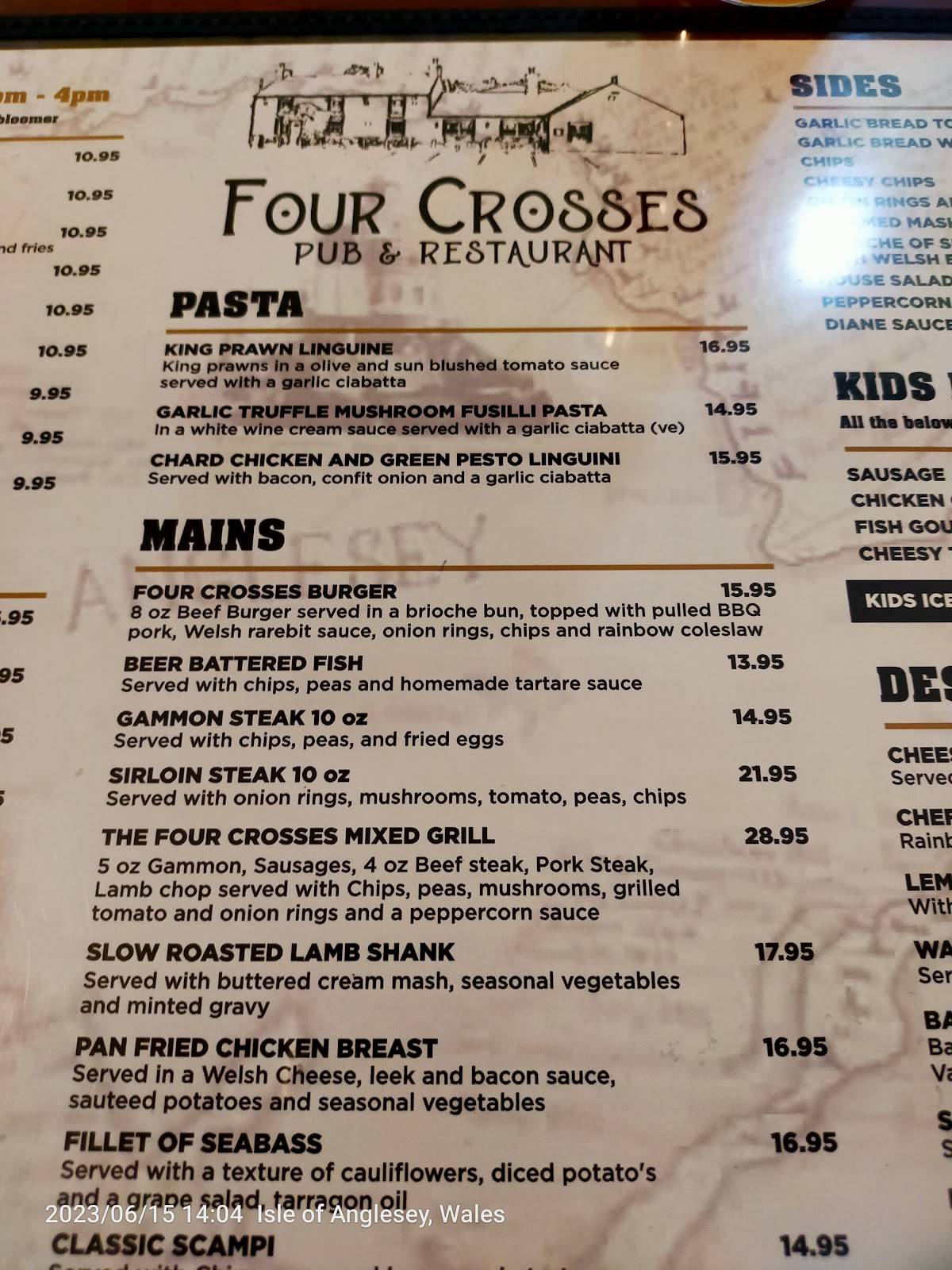 Menu at Four Crosses, Menai Bridge pub & bar, Menai Bridge, Four Crosses Pentraeth Road