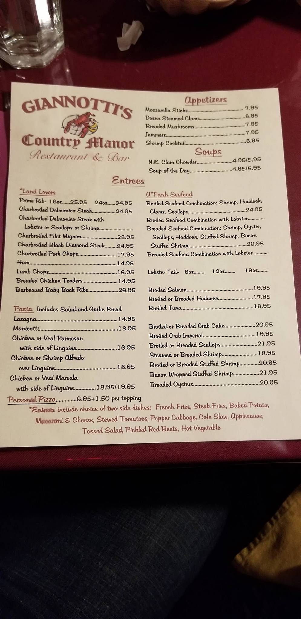 Menu at Giannotti's Country Manor restaurant, Blandon