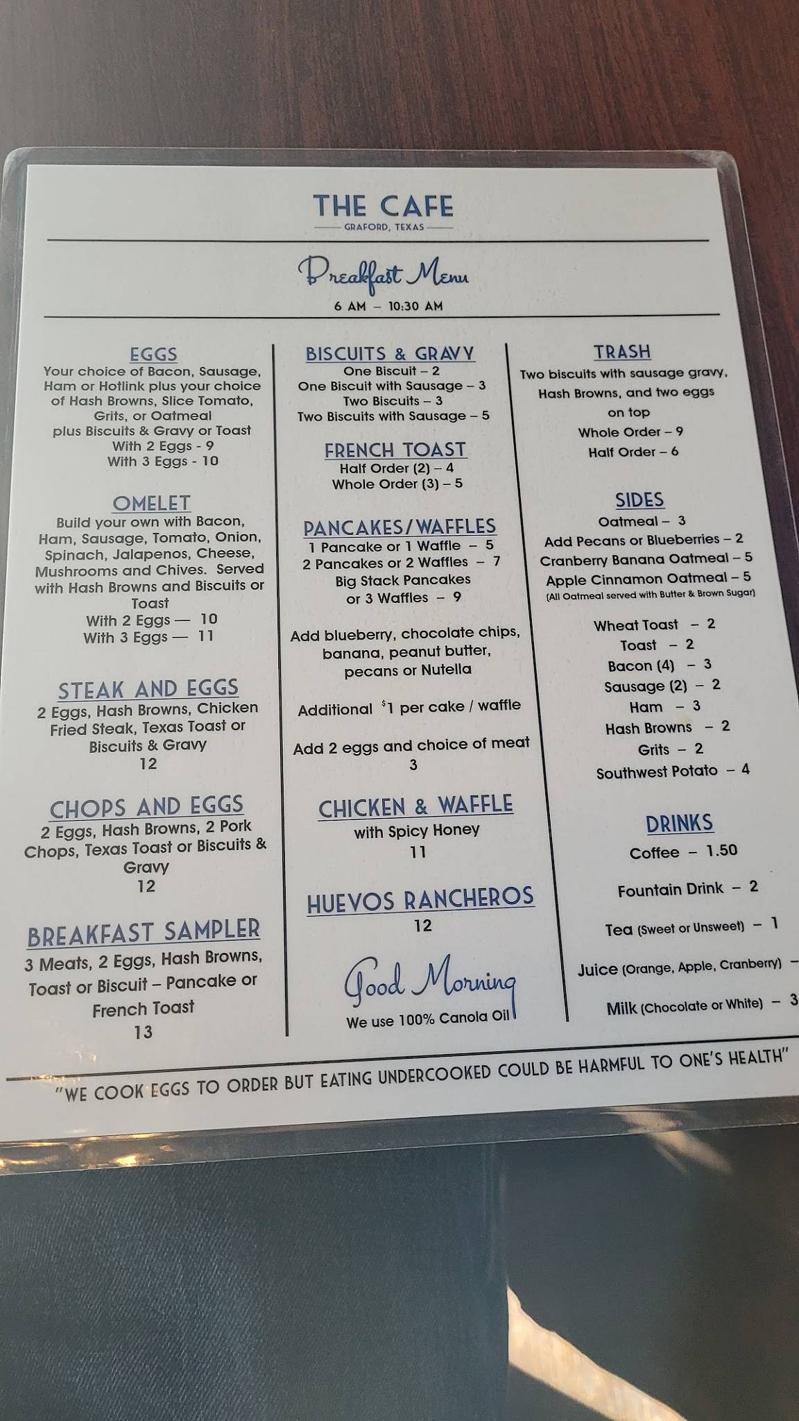 Menu at The Cafe, Graford, 205 W Lee Ave