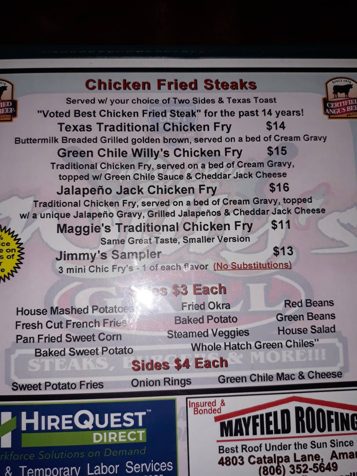 Menu at Green Chile Willy's steakhouse, Amarillo