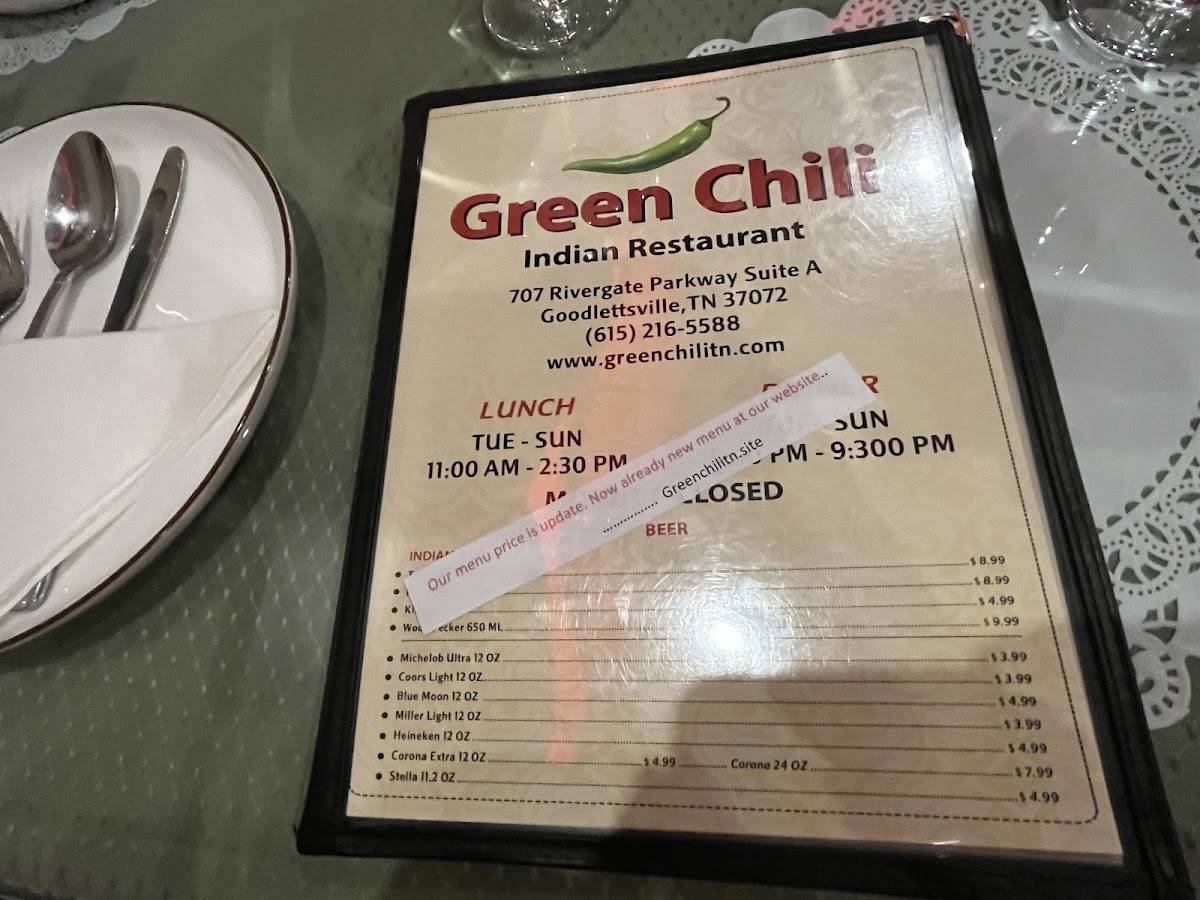 Menu at Green Chili Indian Restaurant, Goodlettsville