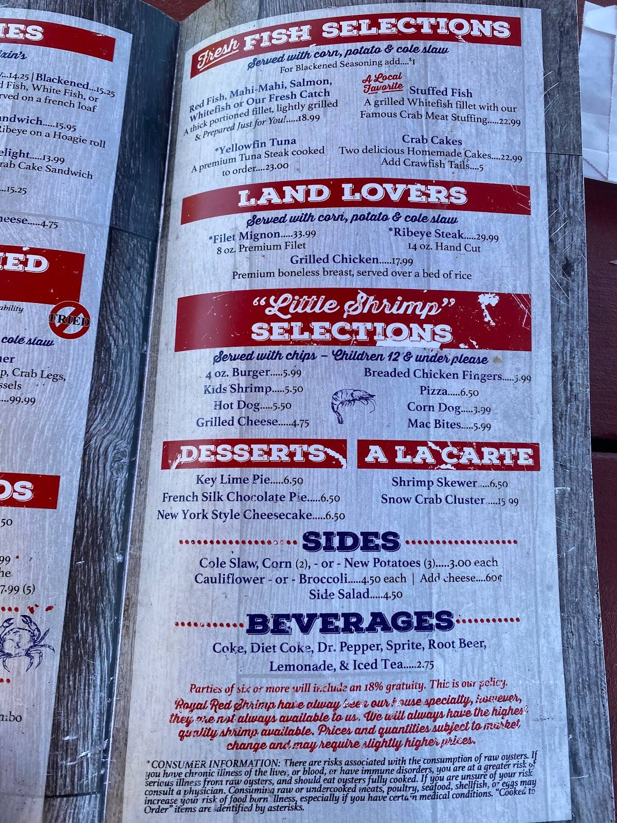 Menu at Gulf Shores Steamer restaurant, Orange Beach