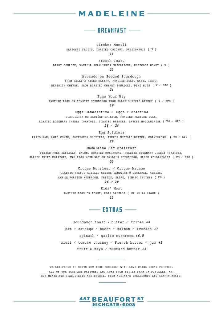 Menu at Madeleine restaurant, Highgate