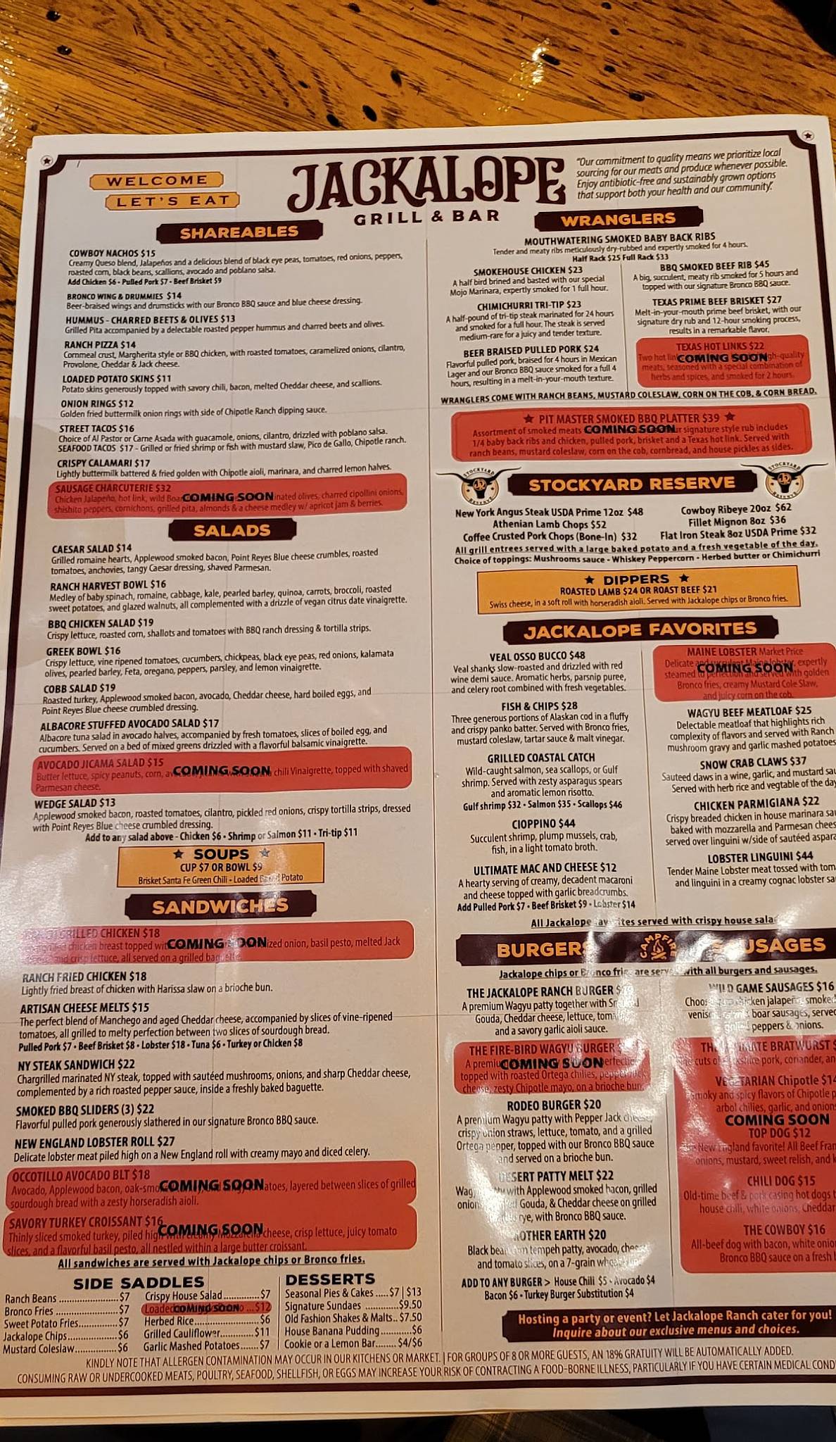 Menu at Jackalope Ranch pub & bar, Indio, CA-111