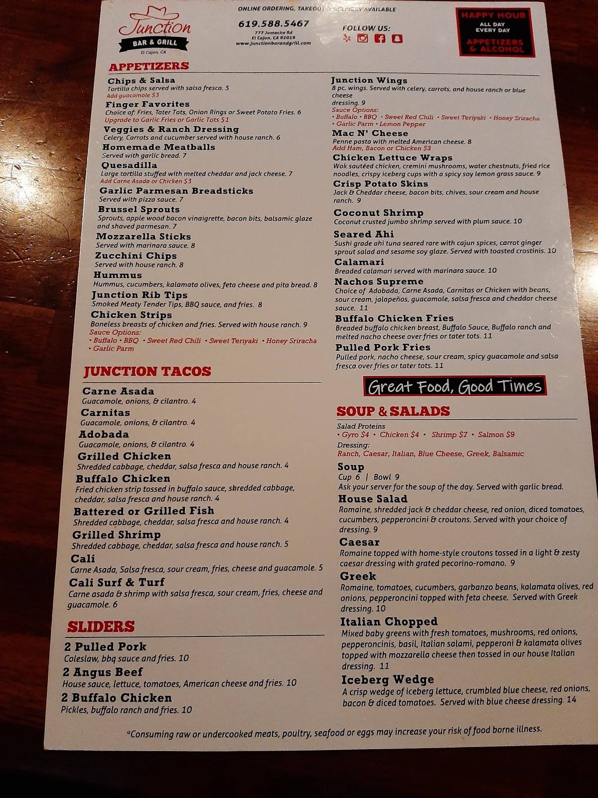 Menu At Junction Bar & Grill, El Cajon, 777 Jamacha Rd