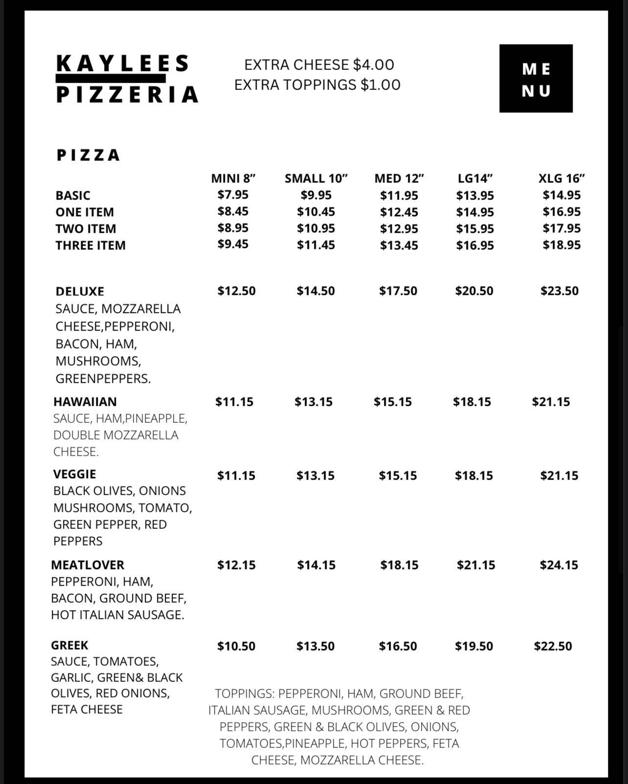 Menu at Kaylees Pizzeria, Kapuskasing