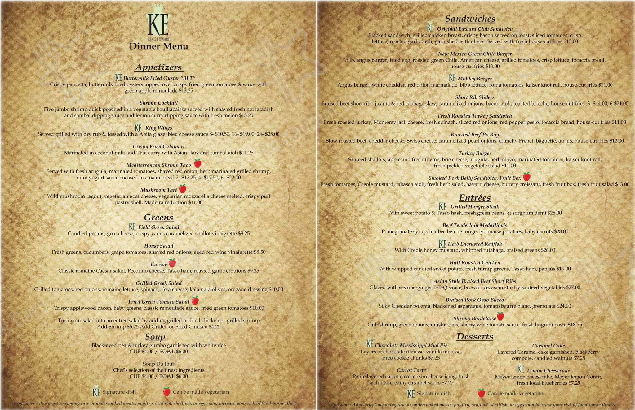 Menu at King Edward Bar and Grill, Jackson
