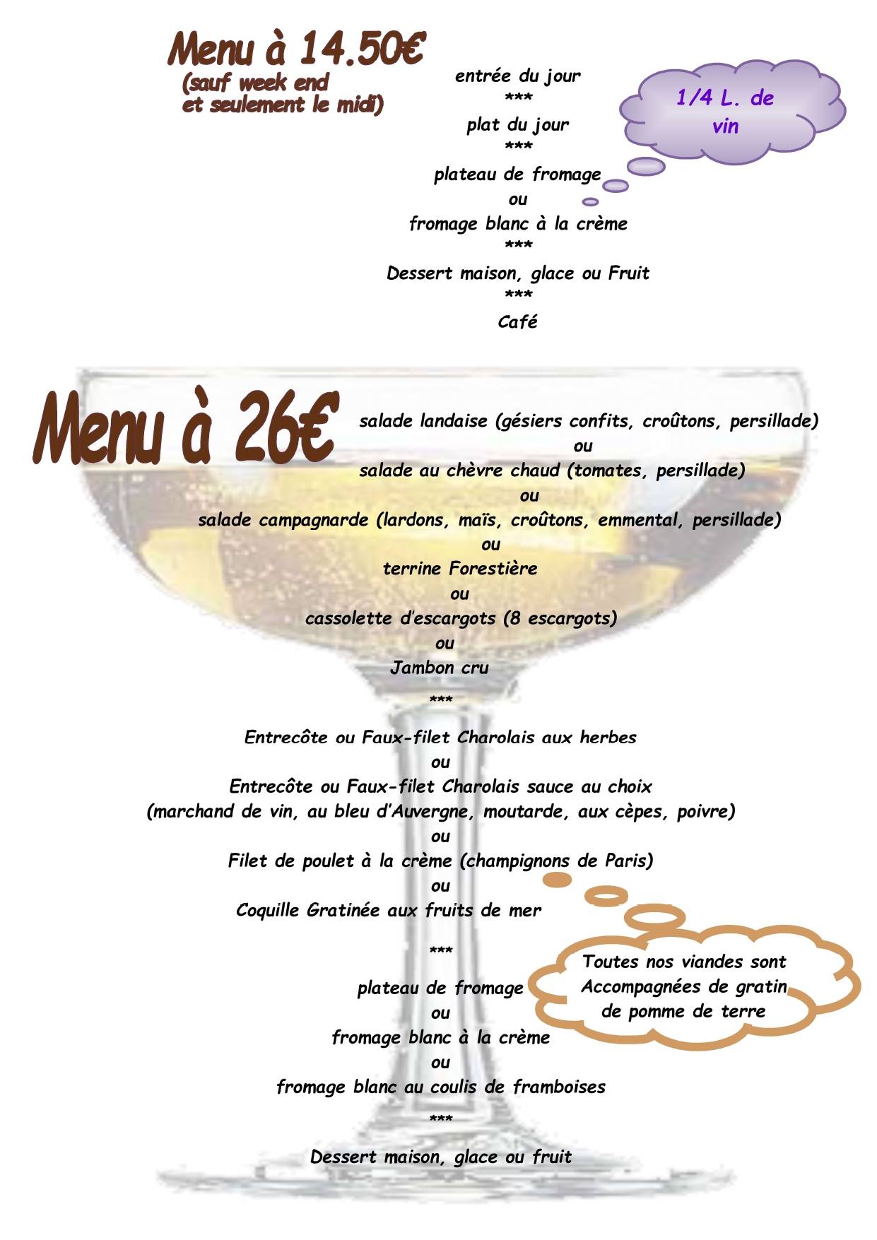 Menu au La Chaumiere restaurant, SaintYan