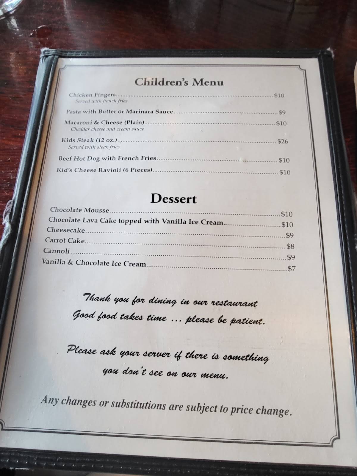 Menu at Black Bear Restaurant, Lake Placid