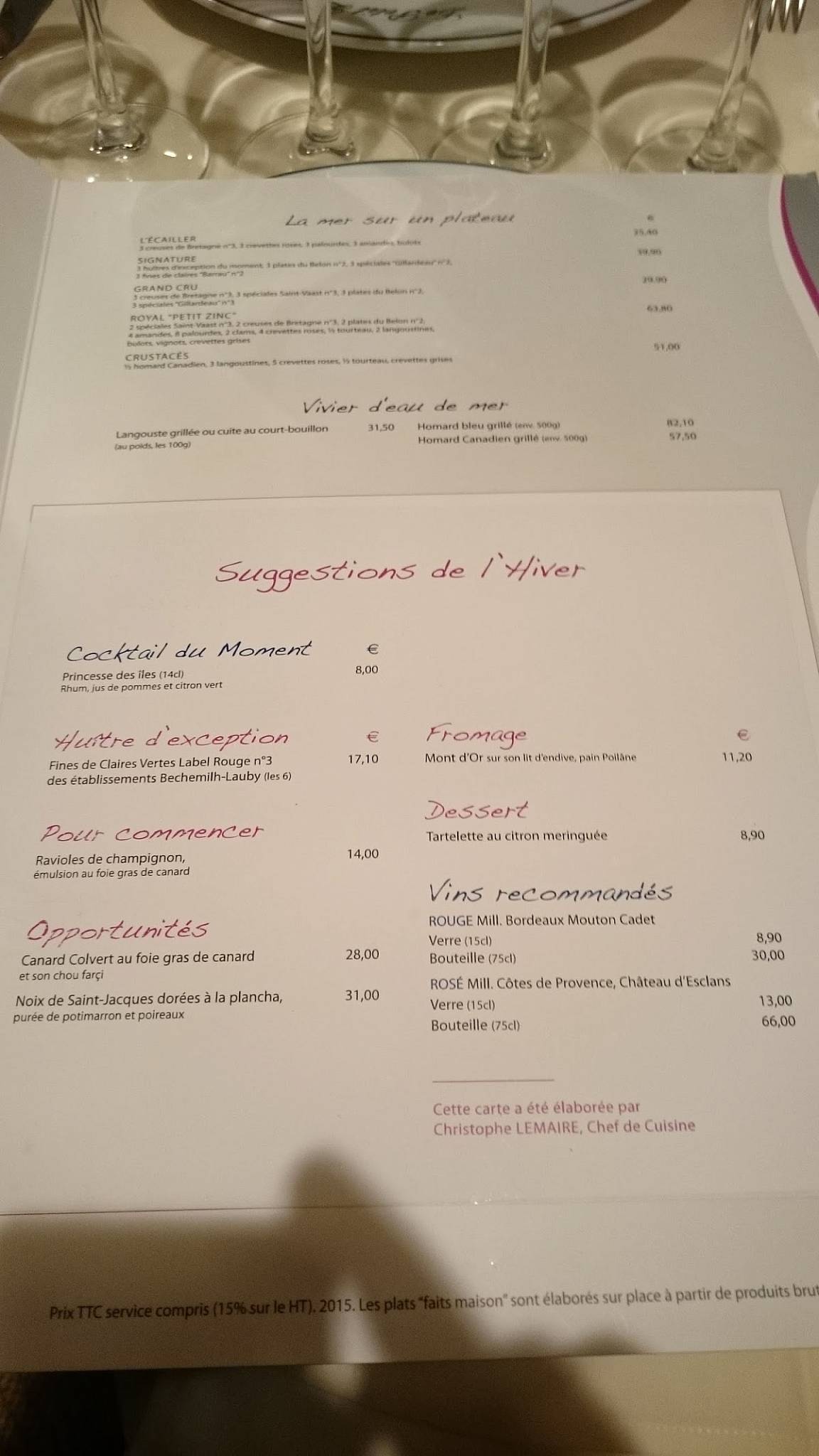 Menu at Le Petit Zinc restaurant, Paris