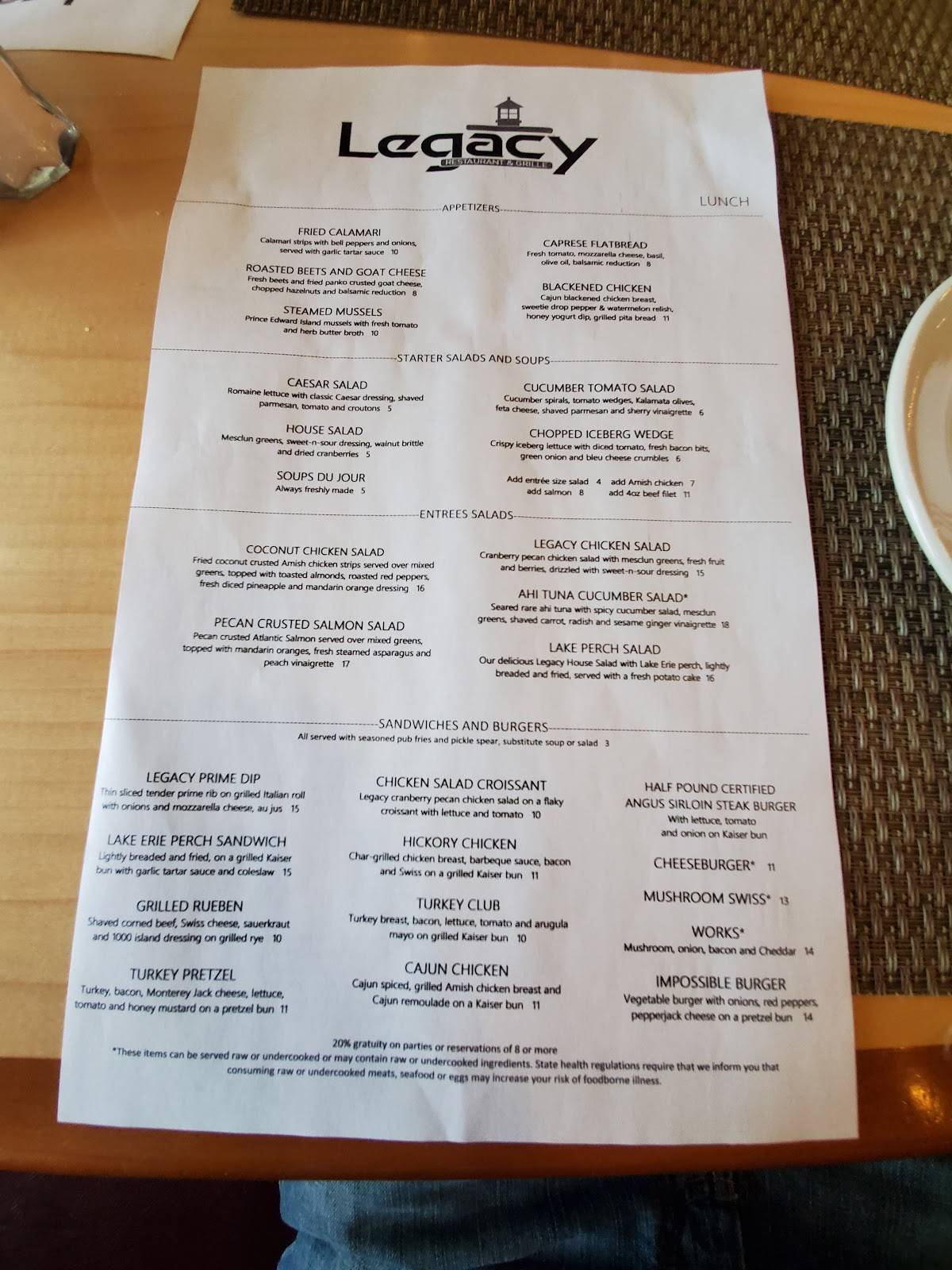 Menu at Legacy Restaurant & Grille, Avon Lake