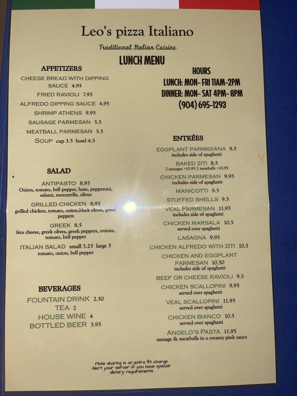 Menu at Leo's Pizza Italiano pizzeria, Jacksonville, Normandy Blvd