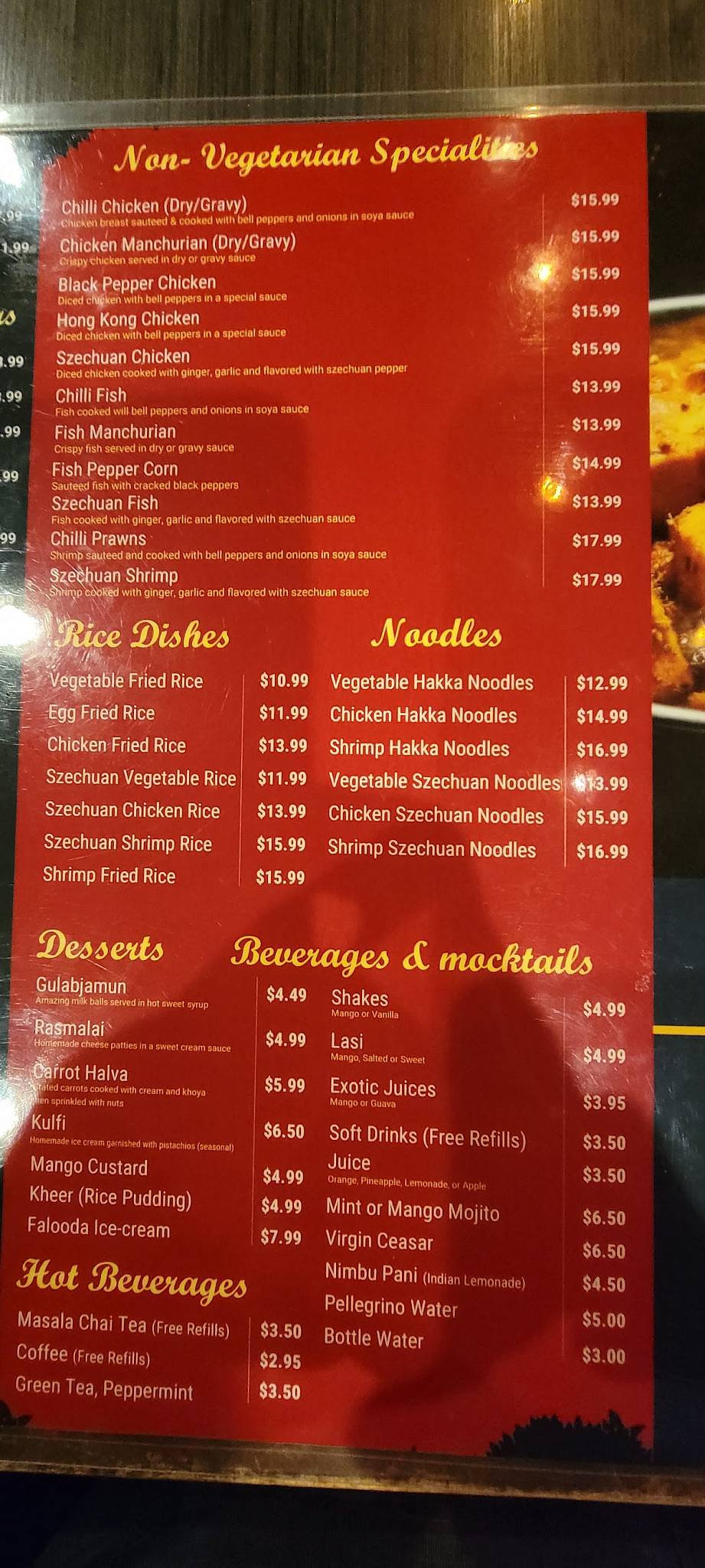 Menu at Little India restaurant, Edmonton