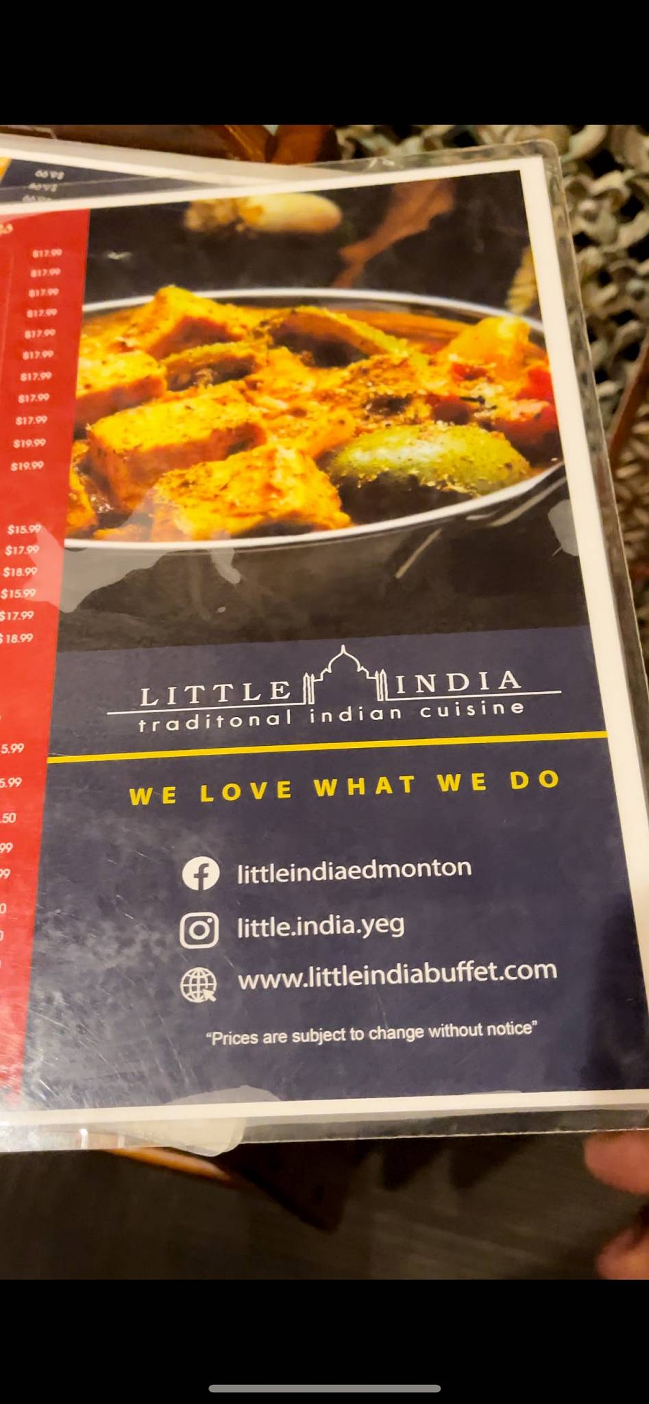 Menu at Little India restaurant, Edmonton