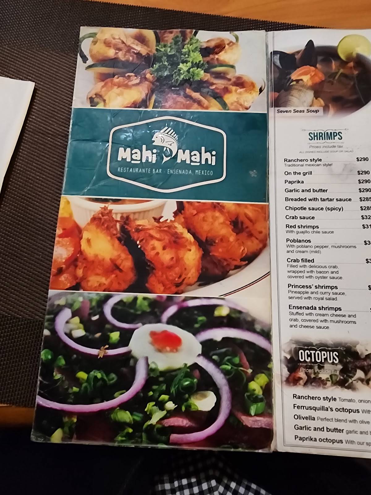 Menu at Mahi Mahi restaurant, Ensenada, P.º Miguel Hidalgo y Costilla 33