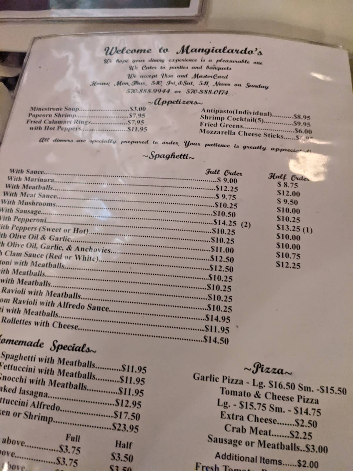 Menu at Mangialardo's restaurant, Sayre