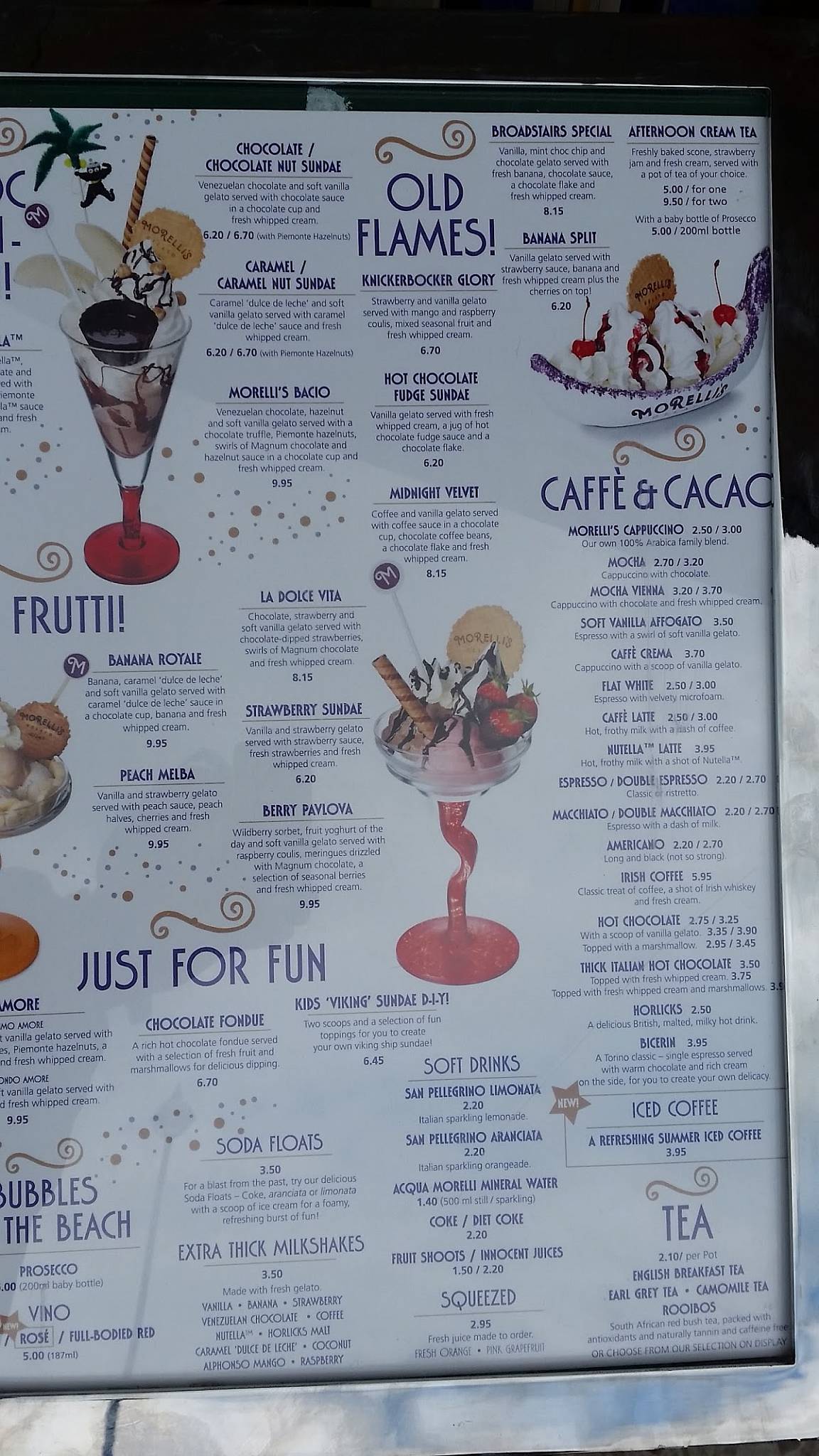 Menu at Morelli's Gelato cafe, Broadstairs