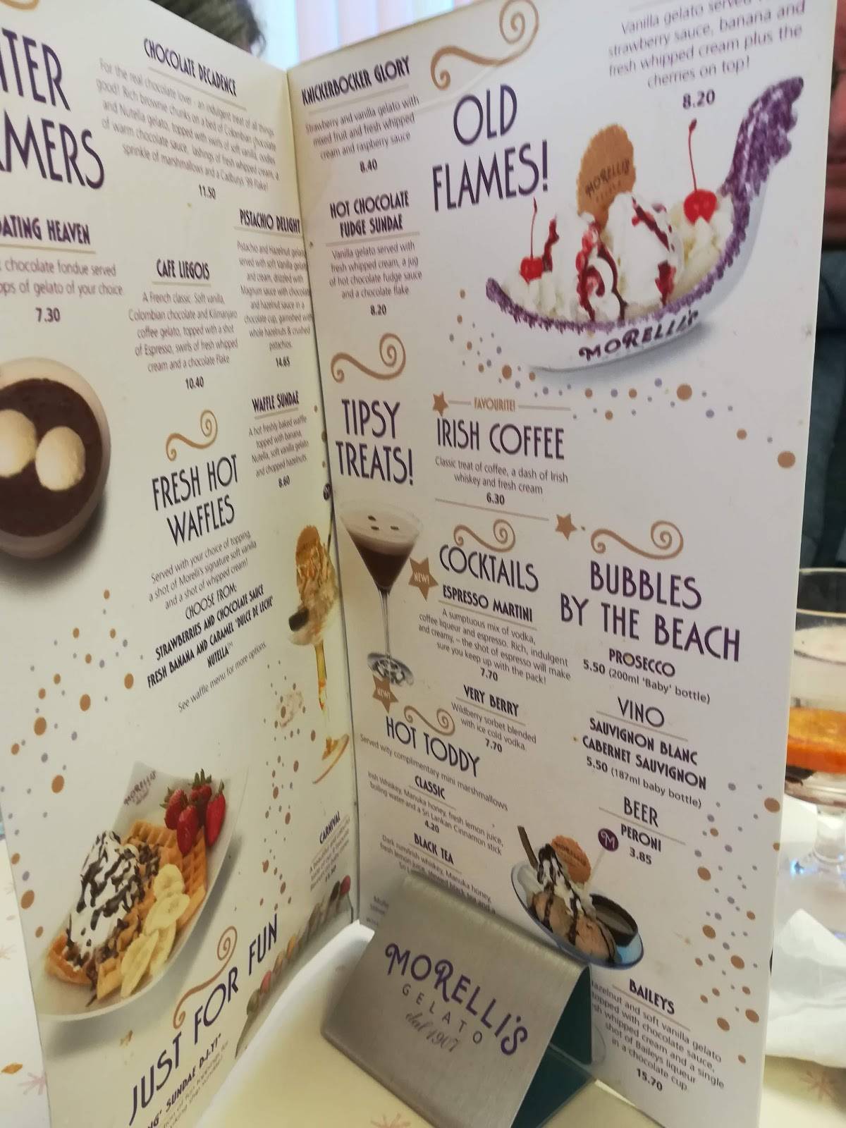 Menu at Morelli's Gelato cafe, Broadstairs