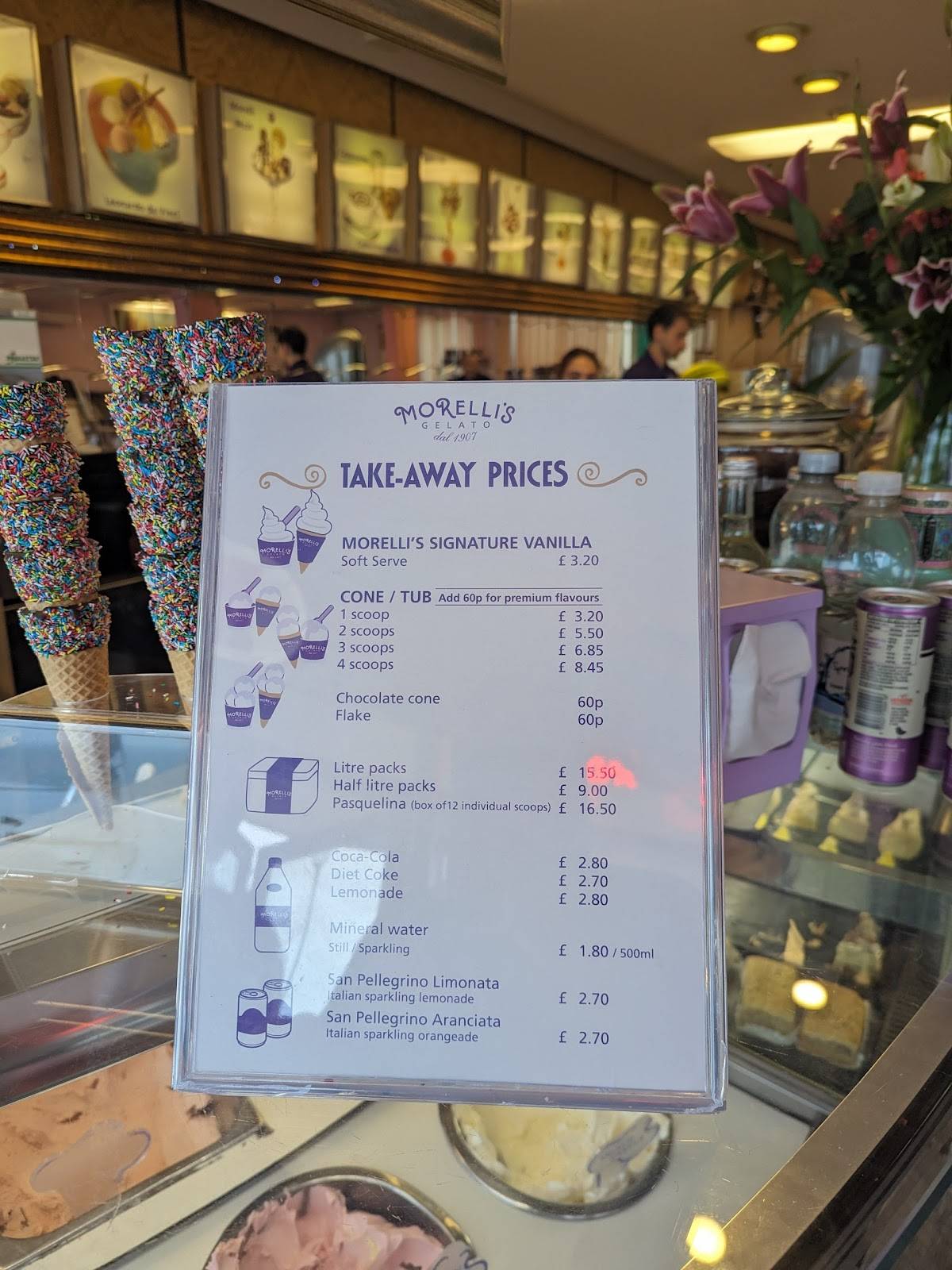 Menu at Morelli's Gelato cafe, Broadstairs
