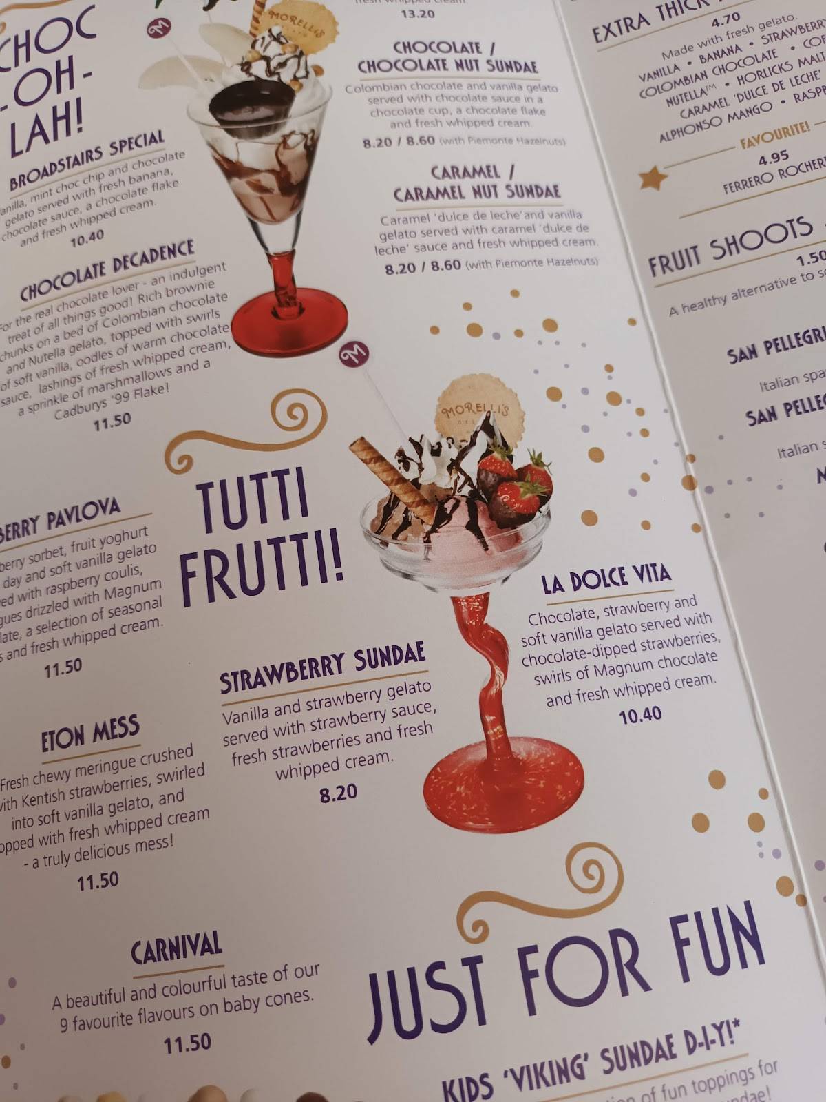 Menu at Morelli's Gelato cafe, Broadstairs